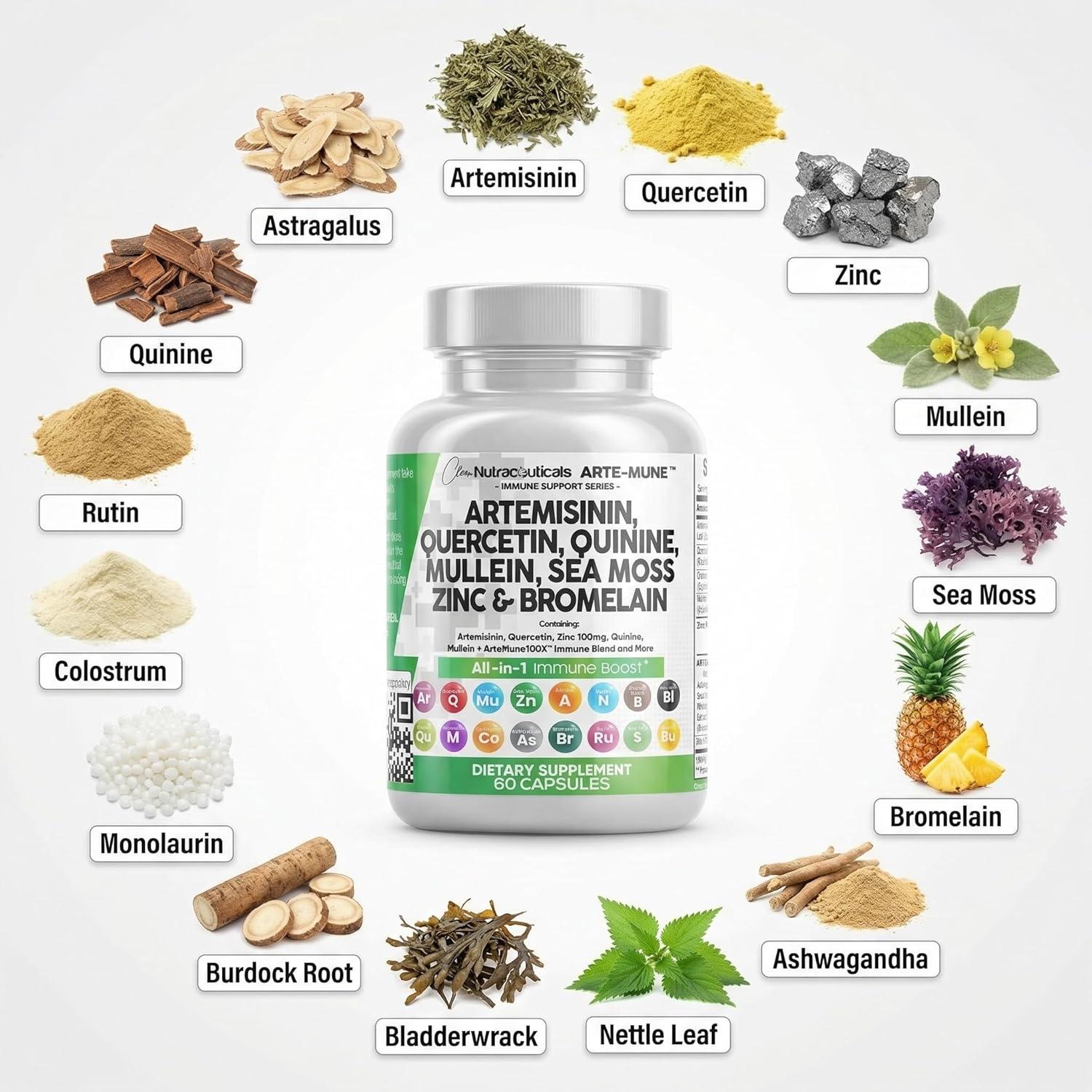 image:imageClean Nutraceuticals Artemisinin Quercetin Zinc Mullein Quinine Supplement with Sea Moss Bromelain Ashwagandha Root Nettle Leaf Bladderwrack Burdock Root Monolaurin Colostrum Rutin