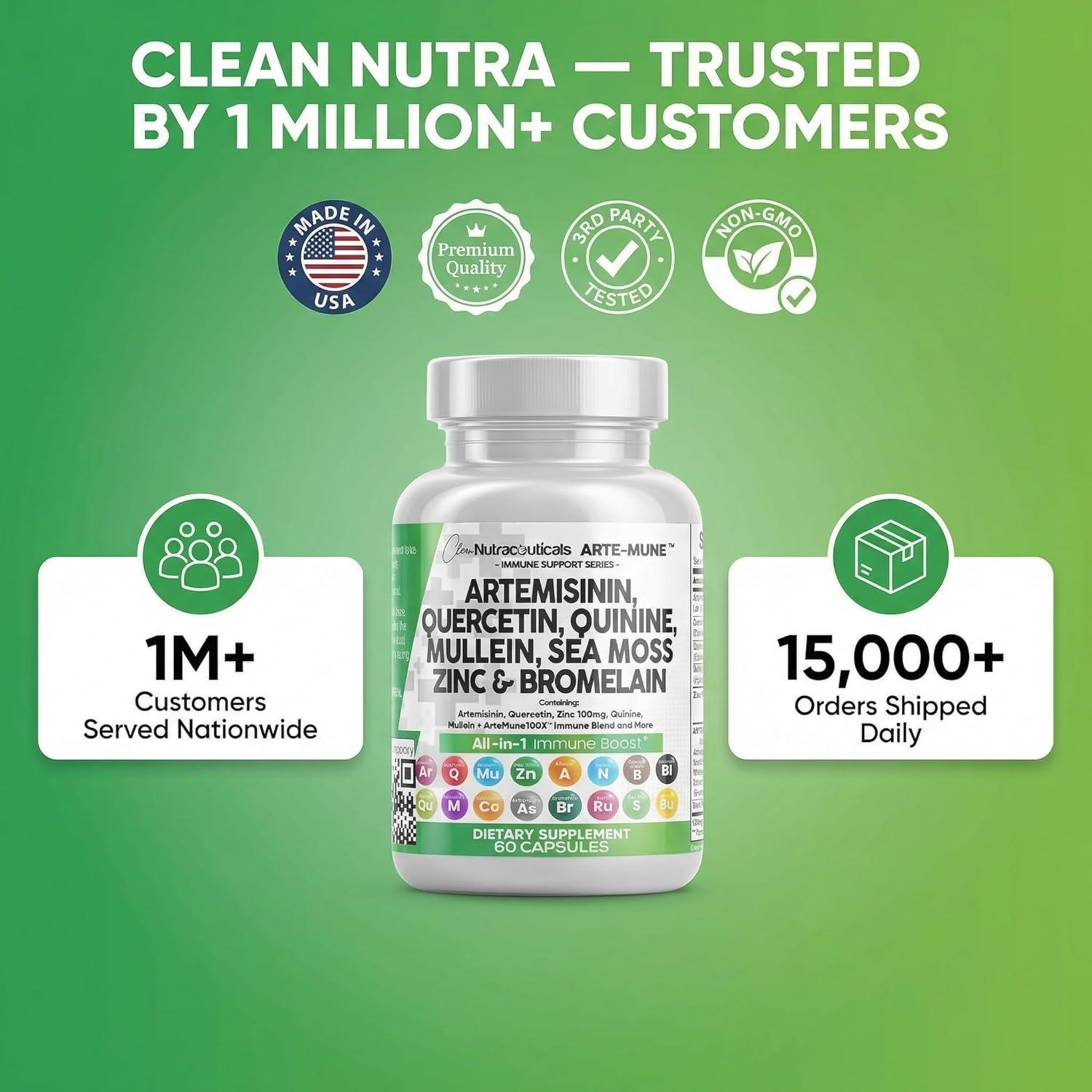 image:imageClean Nutraceuticals Artemisinin Quercetin Zinc Mullein Quinine Supplement with Sea Moss Bromelain Ashwagandha Root Nettle Leaf Bladderwrack Burdock Root Monolaurin Colostrum Rutin