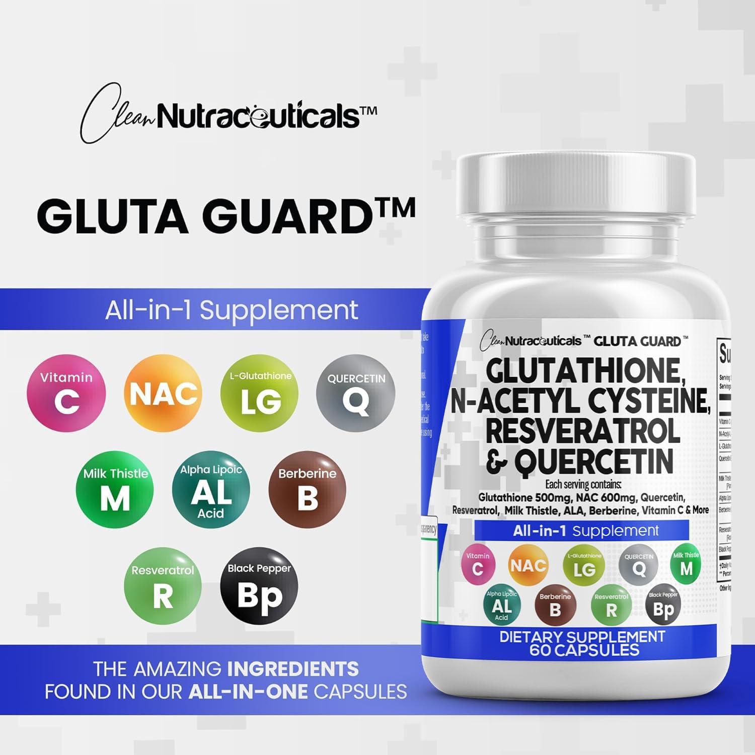 image:imageClean Nutraceuticals Glutathione 500mg Supplement with Vitamin C N Acetyl Cysteine 600mg Berberine 1000mg Resveratrol Quercetin Alpha Lipoic Acid Reduced L Glutathion Free Form Women 60 Ct USA Made