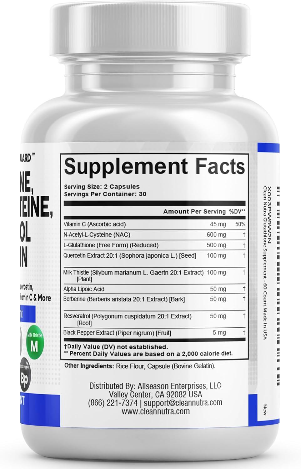 image:imageClean Nutraceuticals Glutathione 500mg Supplement with Vitamin C N Acetyl Cysteine 600mg Berberine 1000mg Resveratrol Quercetin Alpha Lipoic Acid Reduced L Glutathion Free Form Women 60 Ct USA Made