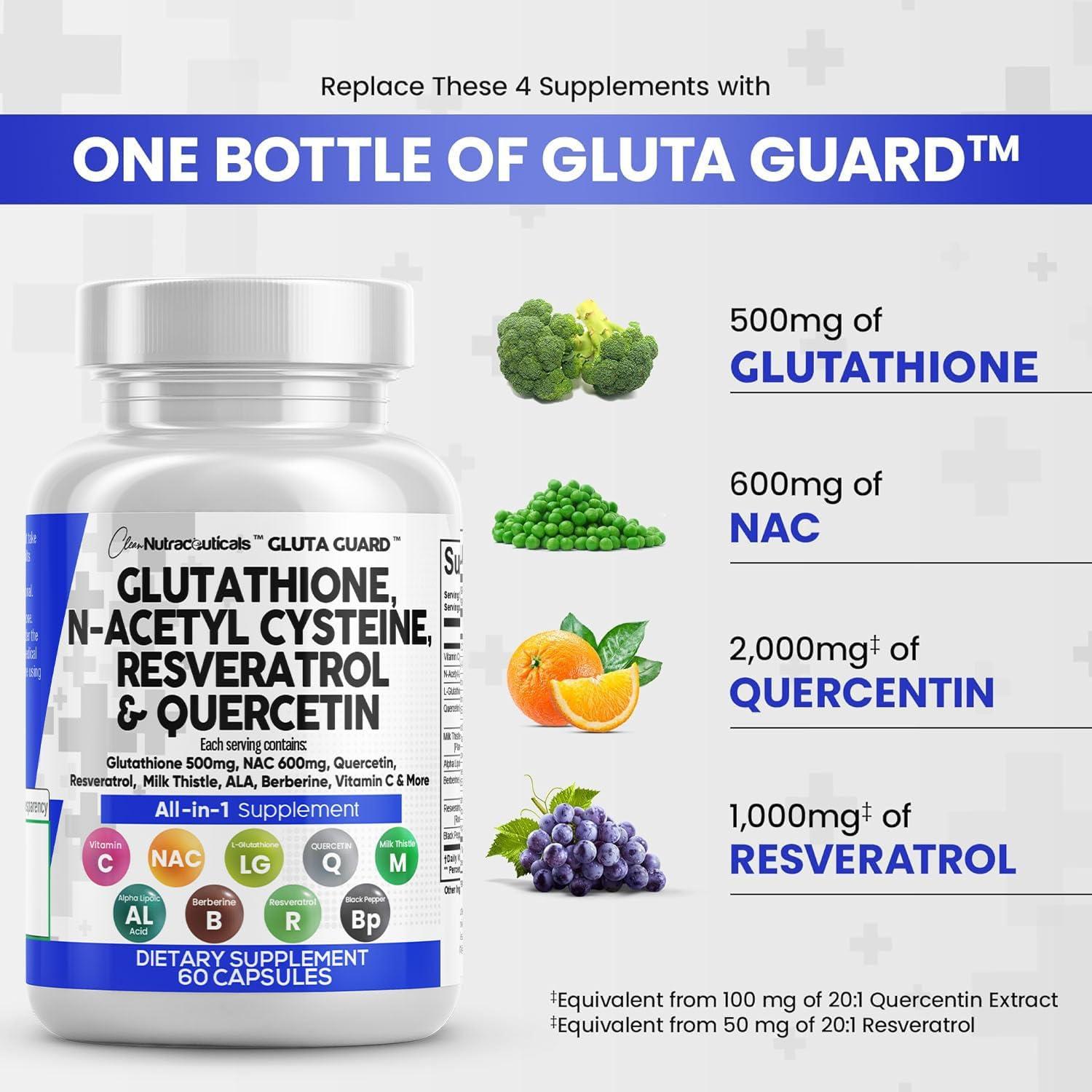 image:imageClean Nutraceuticals Glutathione 500mg Supplement with Vitamin C N Acetyl Cysteine 600mg Berberine 1000mg Resveratrol Quercetin Alpha Lipoic Acid Reduced L Glutathion Free Form Women 60 Ct USA Made