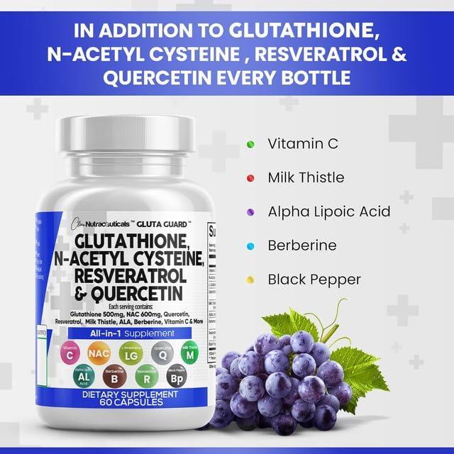 image:imageClean Nutraceuticals Glutathione 500mg Supplement with Vitamin C N Acetyl Cysteine 600mg Berberine 1000mg Resveratrol Quercetin Alpha Lipoic Acid Reduced L Glutathion Free Form Women 60 Ct USA Made