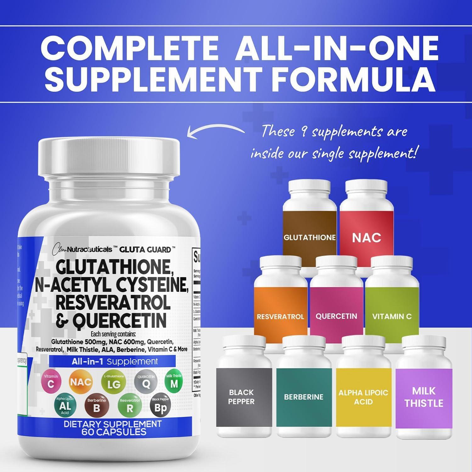 image:imageClean Nutraceuticals Glutathione 500mg Supplement with Vitamin C N Acetyl Cysteine 600mg Berberine 1000mg Resveratrol Quercetin Alpha Lipoic Acid Reduced L Glutathion Free Form Women 60 Ct USA Made