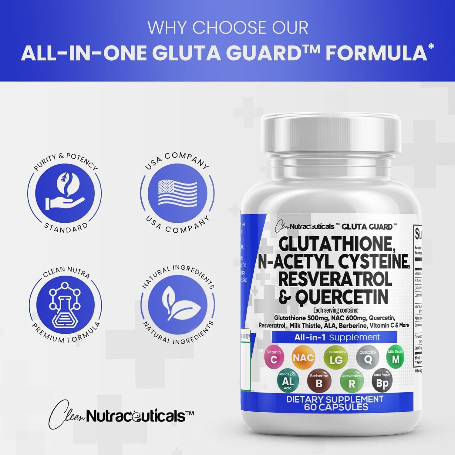 image:imageClean Nutraceuticals Glutathione 500mg Supplement with Vitamin C N Acetyl Cysteine 600mg Berberine 1000mg Resveratrol Quercetin Alpha Lipoic Acid Reduced L Glutathion Free Form Women 60 Ct USA Made