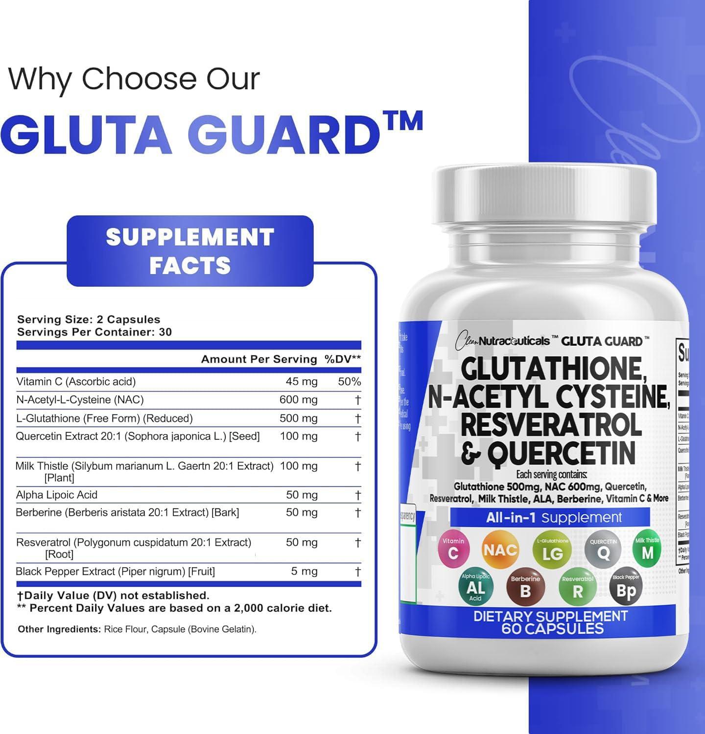image:imageClean Nutraceuticals Glutathione 500mg Supplement with Vitamin C N Acetyl Cysteine 600mg Berberine 1000mg Resveratrol Quercetin Alpha Lipoic Acid Reduced L Glutathion Free Form Women 60 Ct USA Made