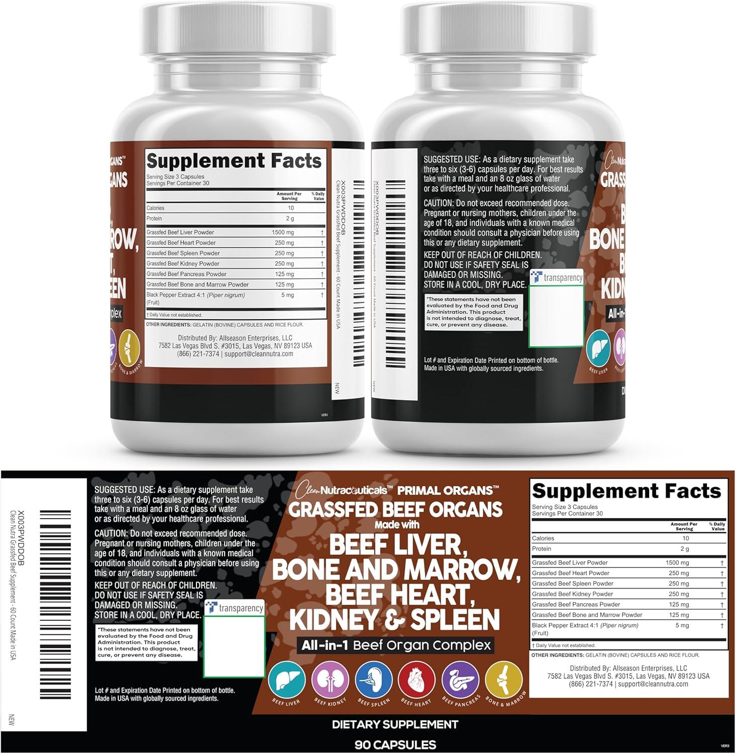 image:imageClean Nutraceuticals Grass Fed Beef Liver Capsules Premium Quality Supplement Packed with Desiccated Beef Heart Spleen Pancreas Plus Bone amp Marrow Dao Enzyme Pills90 Count Pack of 2