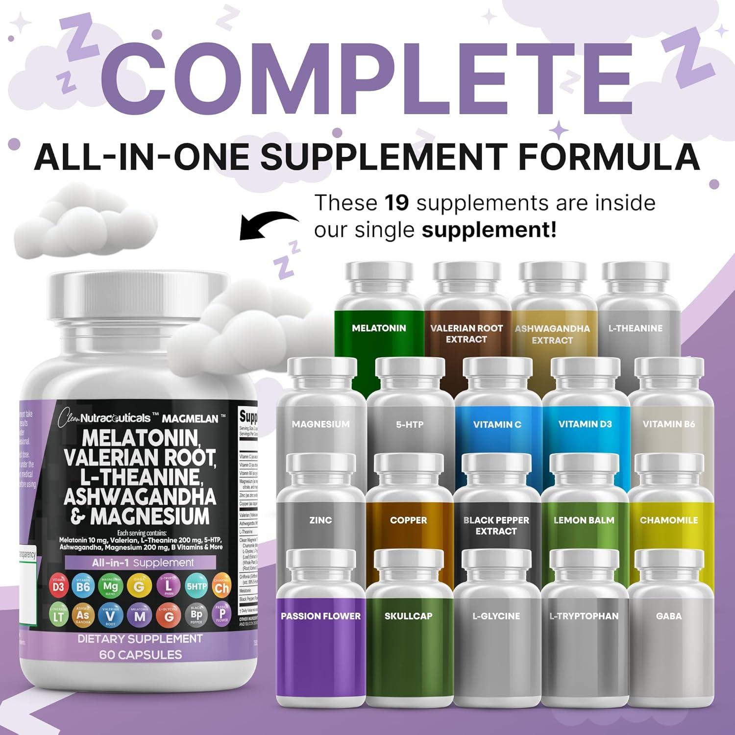 image:imageClean Nutraceuticals Melatonin 10mg Valerian Root L Theanine 200mg Ashwagandha Sleep Support for Women amp Men with Magnesium Complex Lemon Balm Chamomile amp Passion Flower 60 Caps60 Count Pack of 2