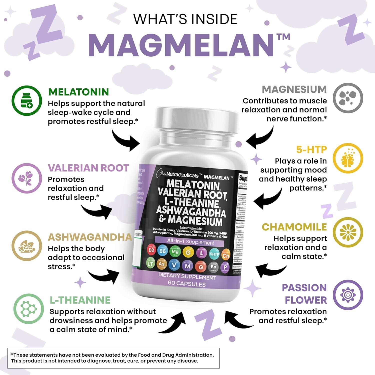 image:imageClean Nutraceuticals Melatonin 10mg Valerian Root L Theanine 200mg Ashwagandha Sleep Support for Women amp Men with Magnesium Complex Lemon Balm Chamomile amp Passion Flower 60 Caps60 Count Pack of 2