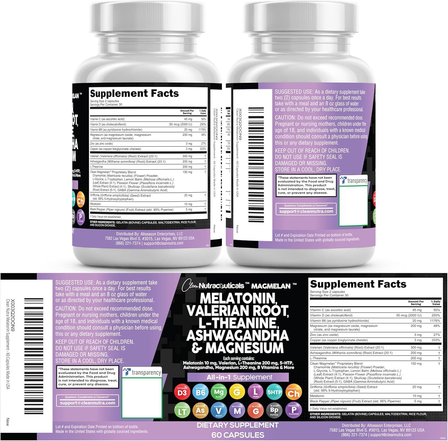 image:imageClean Nutraceuticals Melatonin 10mg Valerian Root L Theanine 200mg Ashwagandha Sleep Support for Women amp Men with Magnesium Complex Lemon Balm Chamomile amp Passion Flower 60 Caps60 Count Pack of 2