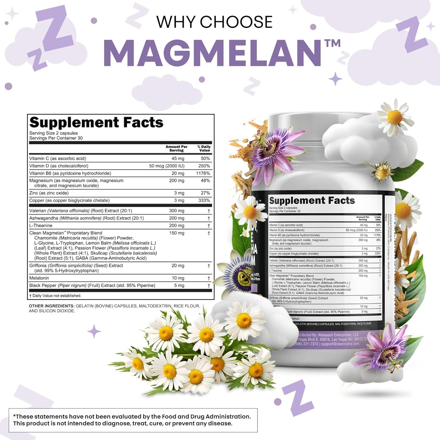 image:imageClean Nutraceuticals Melatonin 10mg Valerian Root L Theanine 200mg Ashwagandha Sleep Support for Women amp Men with Magnesium Complex Lemon Balm Chamomile amp Passion Flower 60 Caps60 Count Pack of 2
