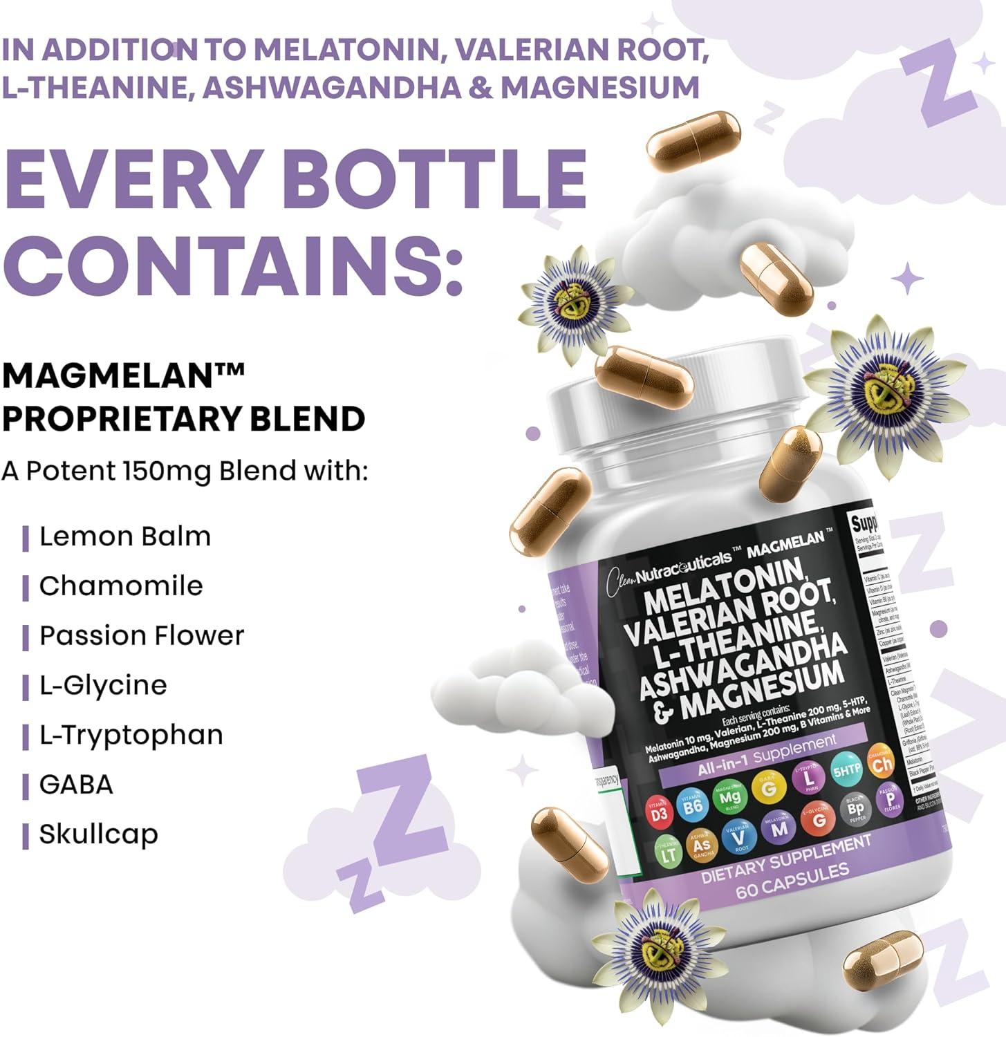image:imageClean Nutraceuticals Melatonin 10mg Valerian Root L Theanine 200mg Ashwagandha Sleep Support for Women amp Men with Magnesium Complex Lemon Balm Chamomile amp Passion Flower 60 Caps60 Count Pack of 2