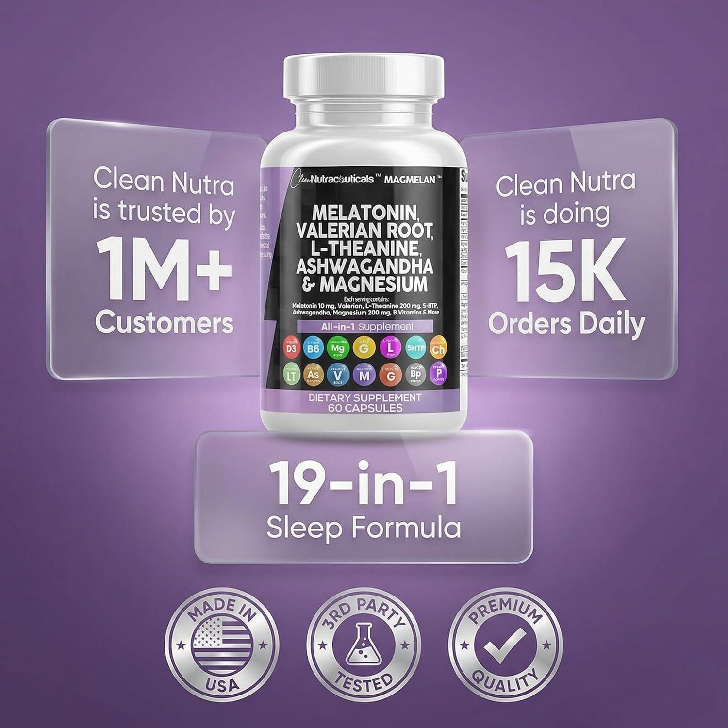 image:imageClean Nutraceuticals Melatonin 10mg Valerian Root L Theanine 200mg Ashwagandha Sleep Support for Women amp Men with Magnesium Complex Lemon Balm Chamomile amp Passion Flower 60 Caps60 Count Pack of 1