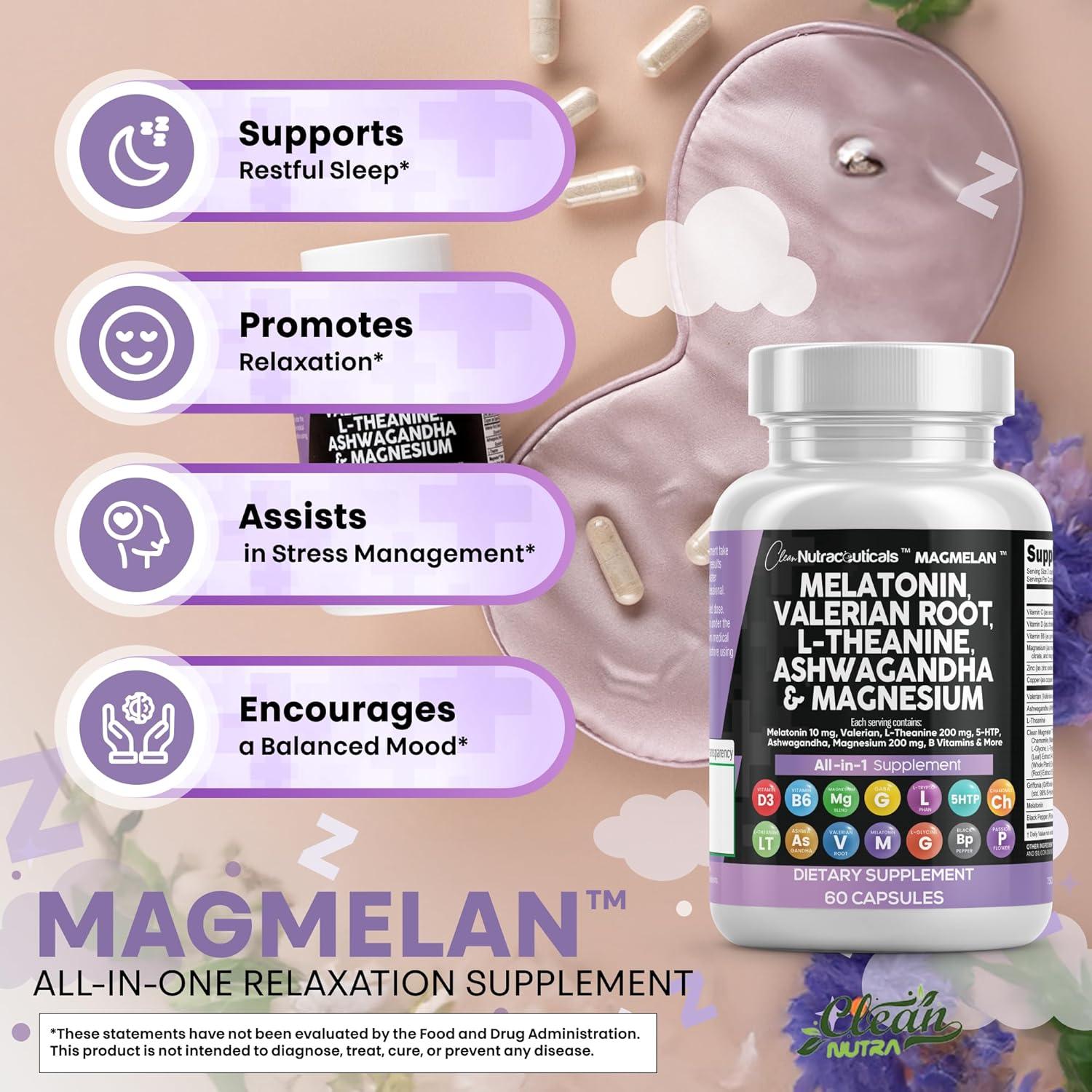 image:imageClean Nutraceuticals Melatonin 10mg Valerian Root L Theanine 200mg Ashwagandha Sleep Support for Women amp Men with Magnesium Complex Lemon Balm Chamomile amp Passion Flower 60 Caps60 Count Pack of 2