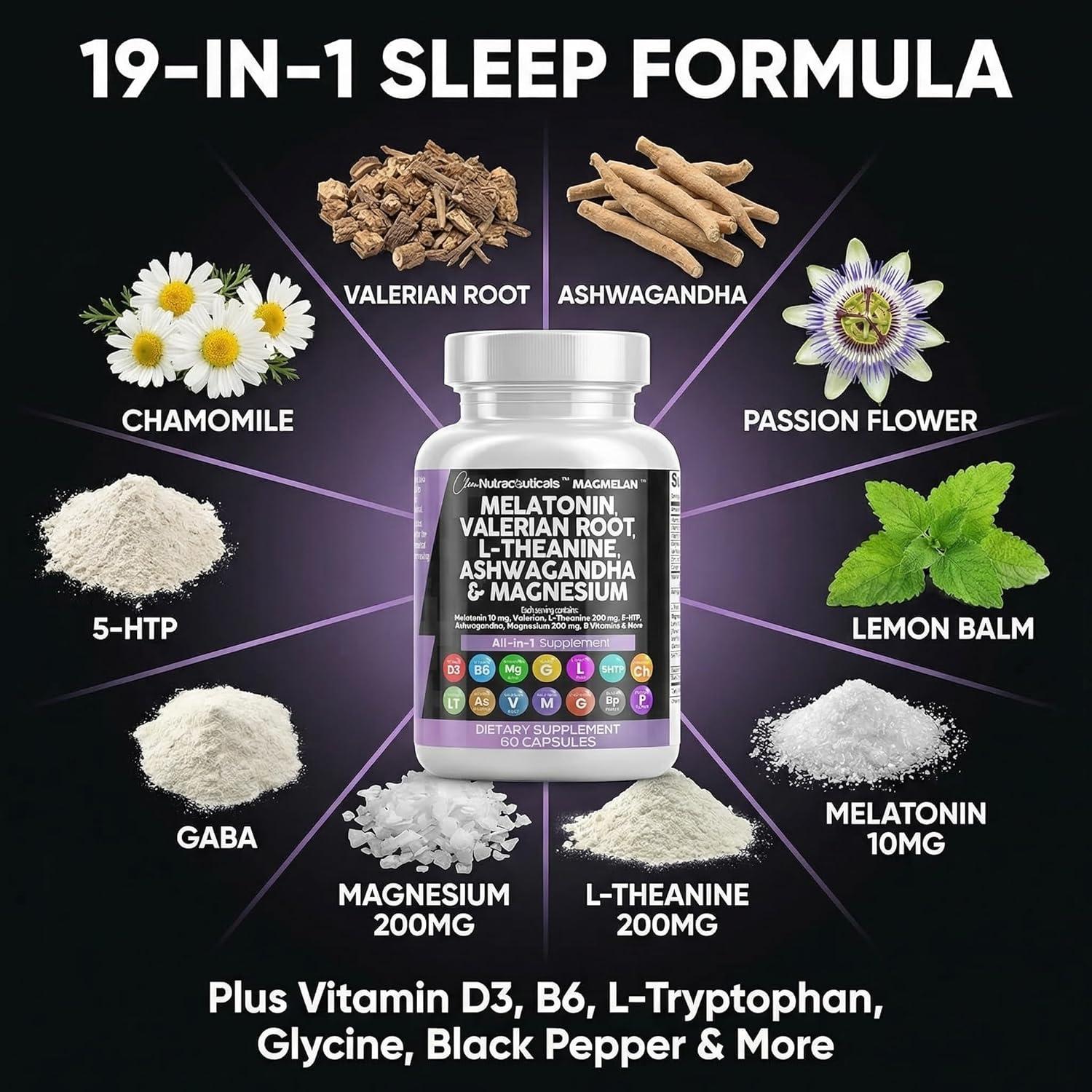image:imageClean Nutraceuticals Melatonin 10mg Valerian Root L Theanine 200mg Ashwagandha Sleep Support for Women amp Men with Magnesium Complex Lemon Balm Chamomile amp Passion Flower 60 Caps60 Count Pack of 1
