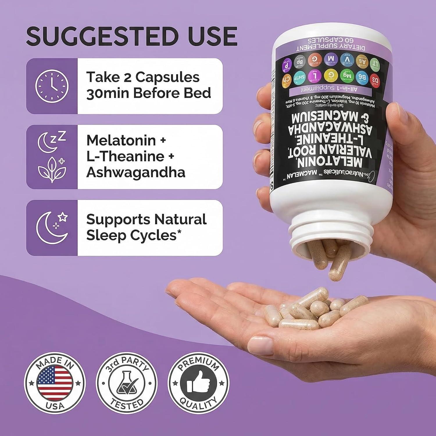 image:imageClean Nutraceuticals Melatonin 10mg Valerian Root L Theanine 200mg Ashwagandha Sleep Support for Women amp Men with Magnesium Complex Lemon Balm Chamomile amp Passion Flower 60 Caps60 Count Pack of 1