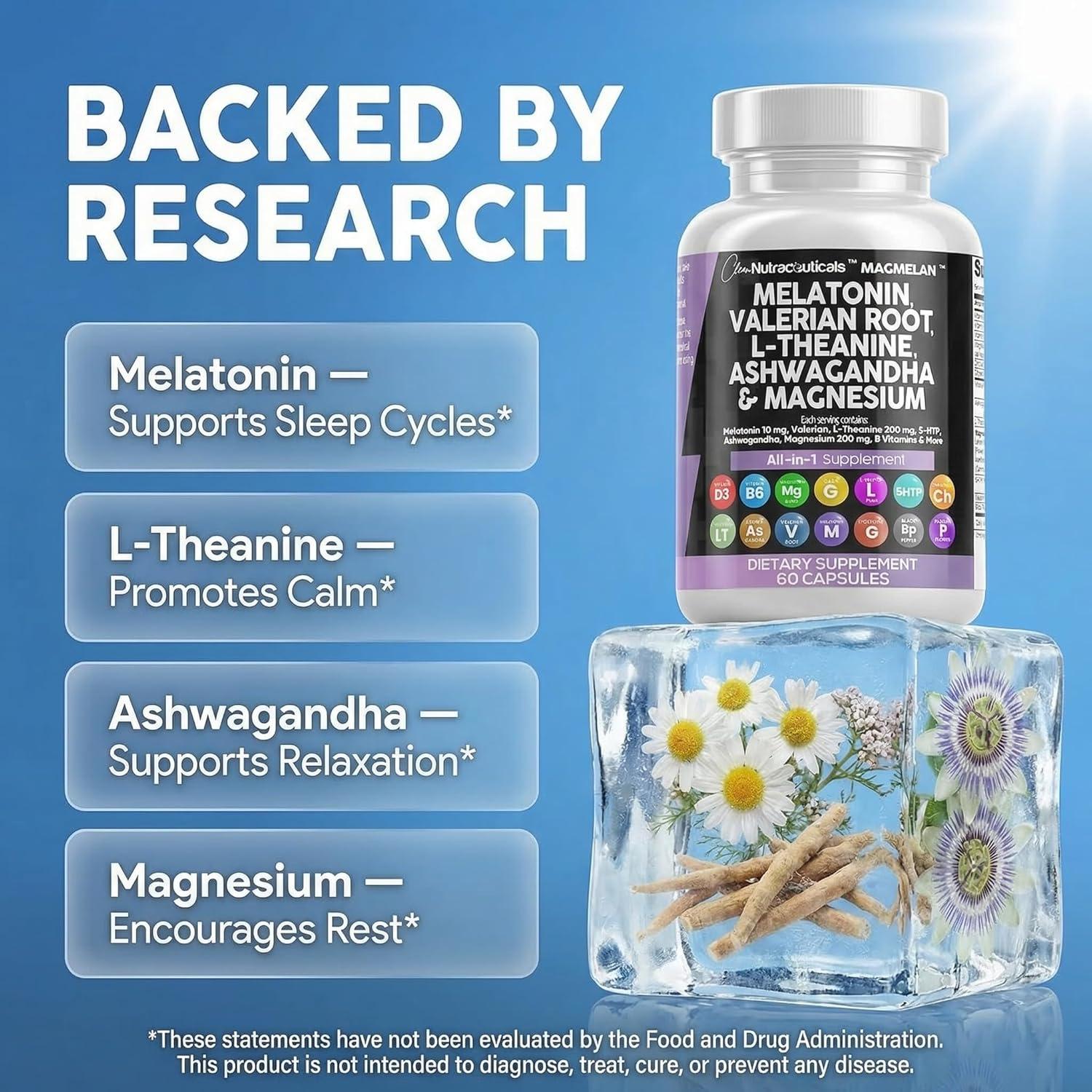 image:imageClean Nutraceuticals Melatonin 10mg Valerian Root L Theanine 200mg Ashwagandha Sleep Support for Women amp Men with Magnesium Complex Lemon Balm Chamomile amp Passion Flower 60 Caps60 Count Pack of 1