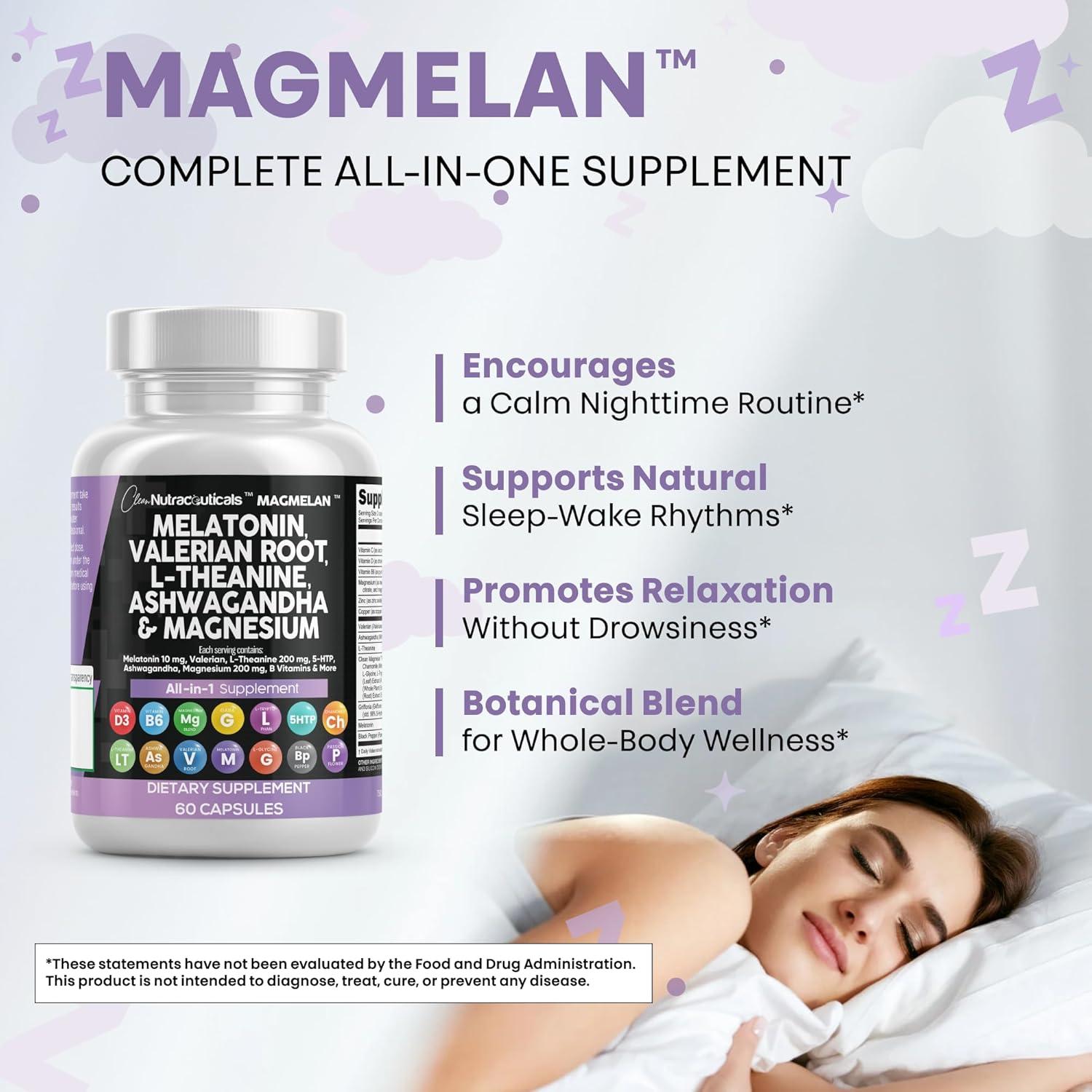 image:imageClean Nutraceuticals Melatonin 10mg Valerian Root L Theanine 200mg Ashwagandha Sleep Support for Women amp Men with Magnesium Complex Lemon Balm Chamomile amp Passion Flower 60 Caps60 Count Pack of 2