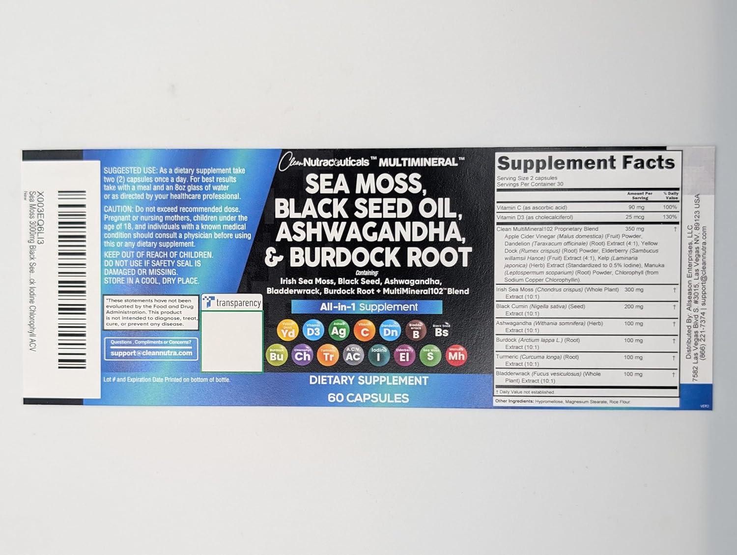 image:imageClean Nutraceuticals Sea Moss Black Seed Oil Ashwagandha Turmeric Bladderwrack Burdock amp Vitamin C Vitamin D3 with Elderberry Manuka Dandelion Yellow Dock Iodine Chlorophyll ACV