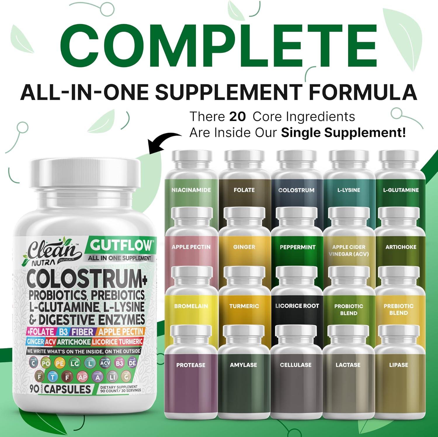 image:imageColostrum Supplement Capsules Probiotics Pills Prebiotics LGlutamine Digestive Enzymes Folate Fiber ACV Turmeric Apple Pectin and Turmeric Clean Nutra GutFlow 2 Pack