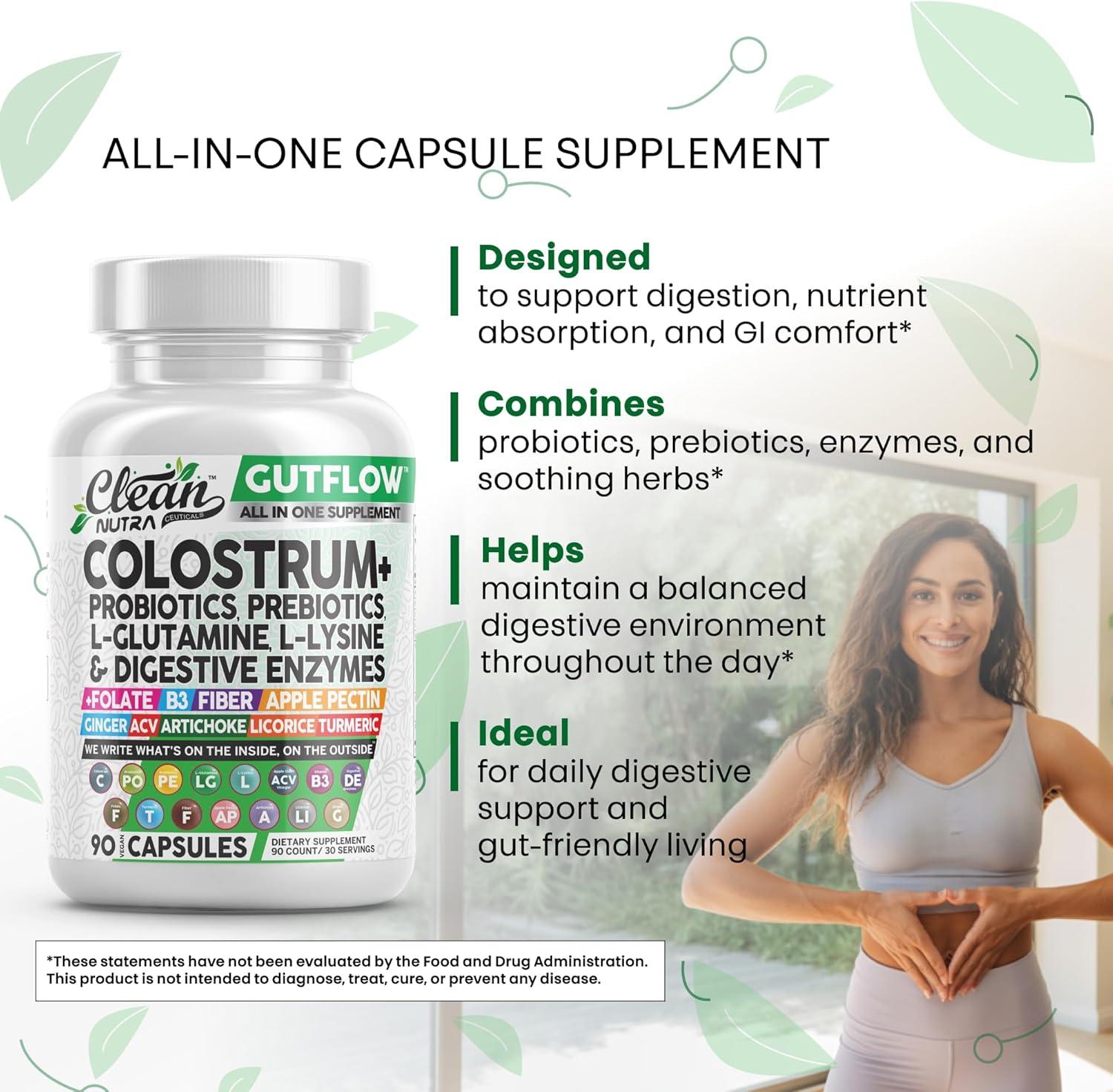 image:imageColostrum Supplement Capsules Probiotics Pills Prebiotics LGlutamine Digestive Enzymes Folate Fiber ACV Turmeric Apple Pectin and Turmeric Clean Nutra GutFlow 2 Pack
