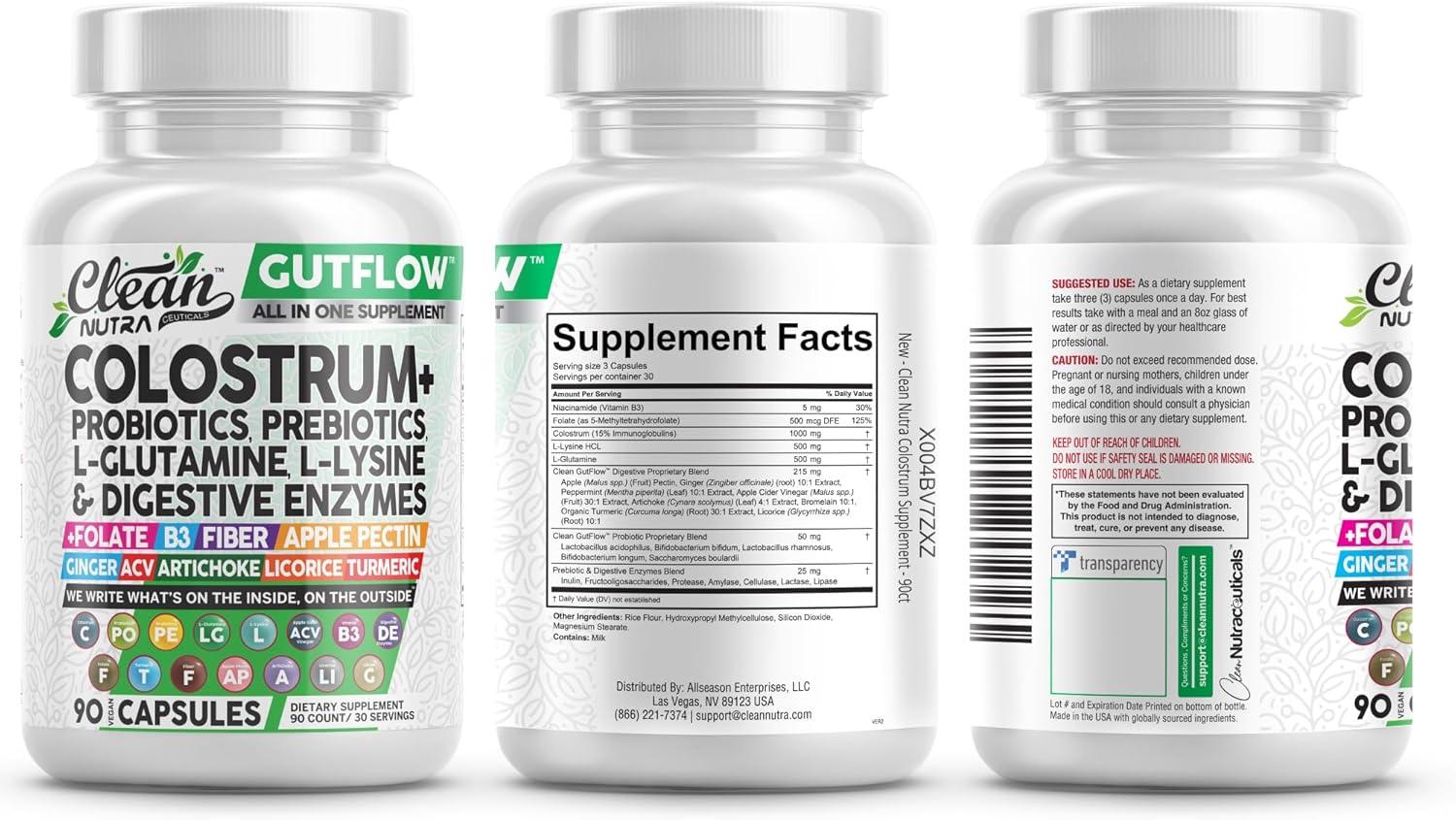 image:imageColostrum Supplement Capsules Probiotics Pills Prebiotics LGlutamine Digestive Enzymes Folate Fiber ACV Turmeric Apple Pectin and Turmeric Clean Nutra GutFlow 2 Pack