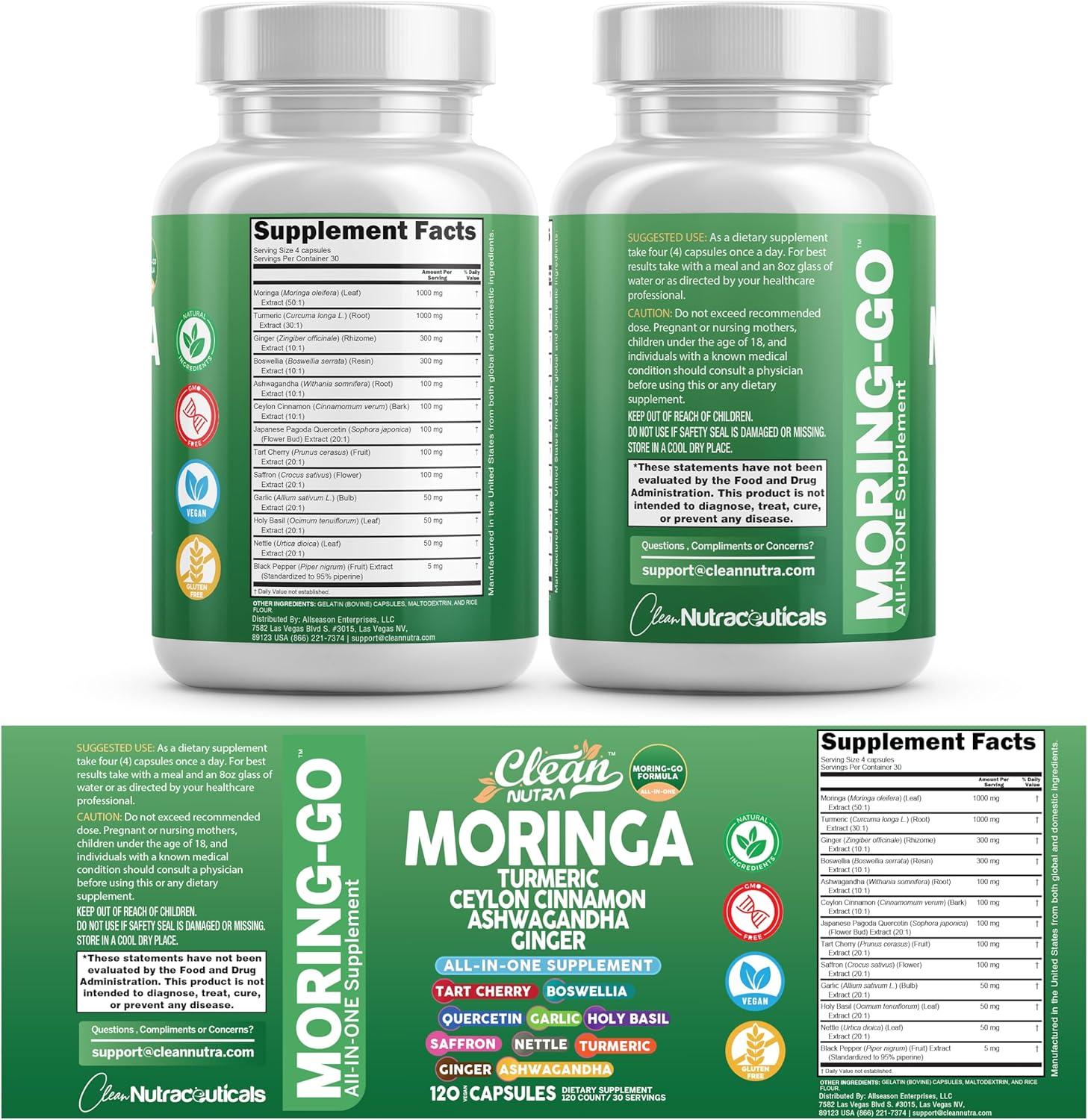 image:imageMoringa Powder Capsules Turmeric Moringa Leaf Ceylon Cinnamon Ashwagandha Ginger Tart Cherry Boswellia Quercetin Garlic Holy Basil Saffron Nettle Black Pepper MoringGo Supplement By Clean Nutra 2