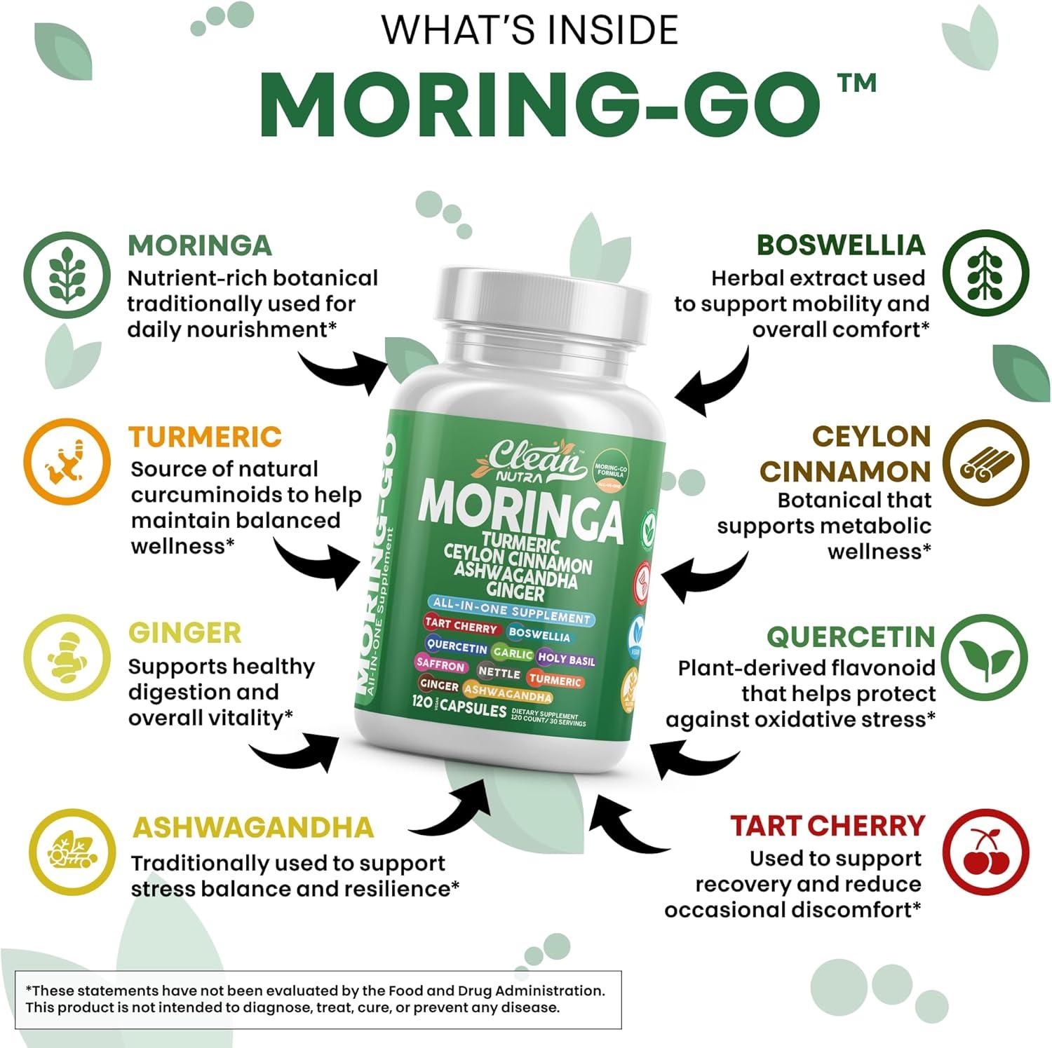image:imageMoringa Powder Capsules Turmeric Moringa Leaf Ceylon Cinnamon Ashwagandha Ginger Tart Cherry Boswellia Quercetin Garlic Holy Basil Saffron Nettle Black Pepper MoringGo Supplement By Clean Nutra 2