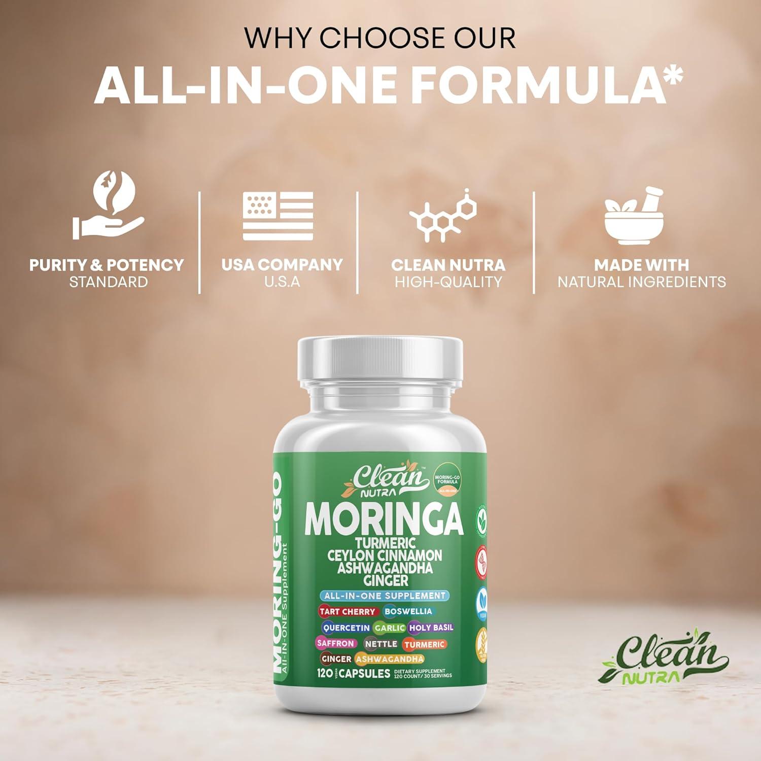 image:imageMoringa Powder Capsules Turmeric Moringa Leaf Ceylon Cinnamon Ashwagandha Ginger Tart Cherry Boswellia Quercetin Garlic Holy Basil Saffron Nettle Black Pepper MoringGo Supplement By Clean Nutra 2