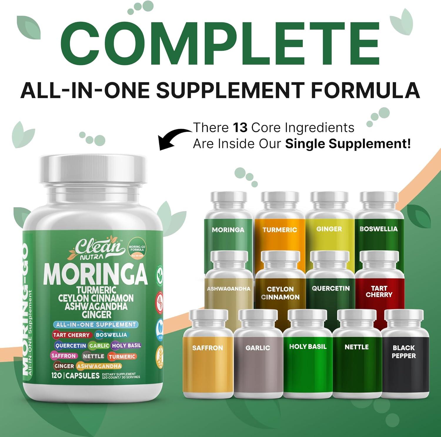 image:imageMoringa Powder Capsules Turmeric Moringa Leaf Ceylon Cinnamon Ashwagandha Ginger Tart Cherry Boswellia Quercetin Garlic Holy Basil Saffron Nettle Black Pepper MoringGo Supplement By Clean Nutra 2