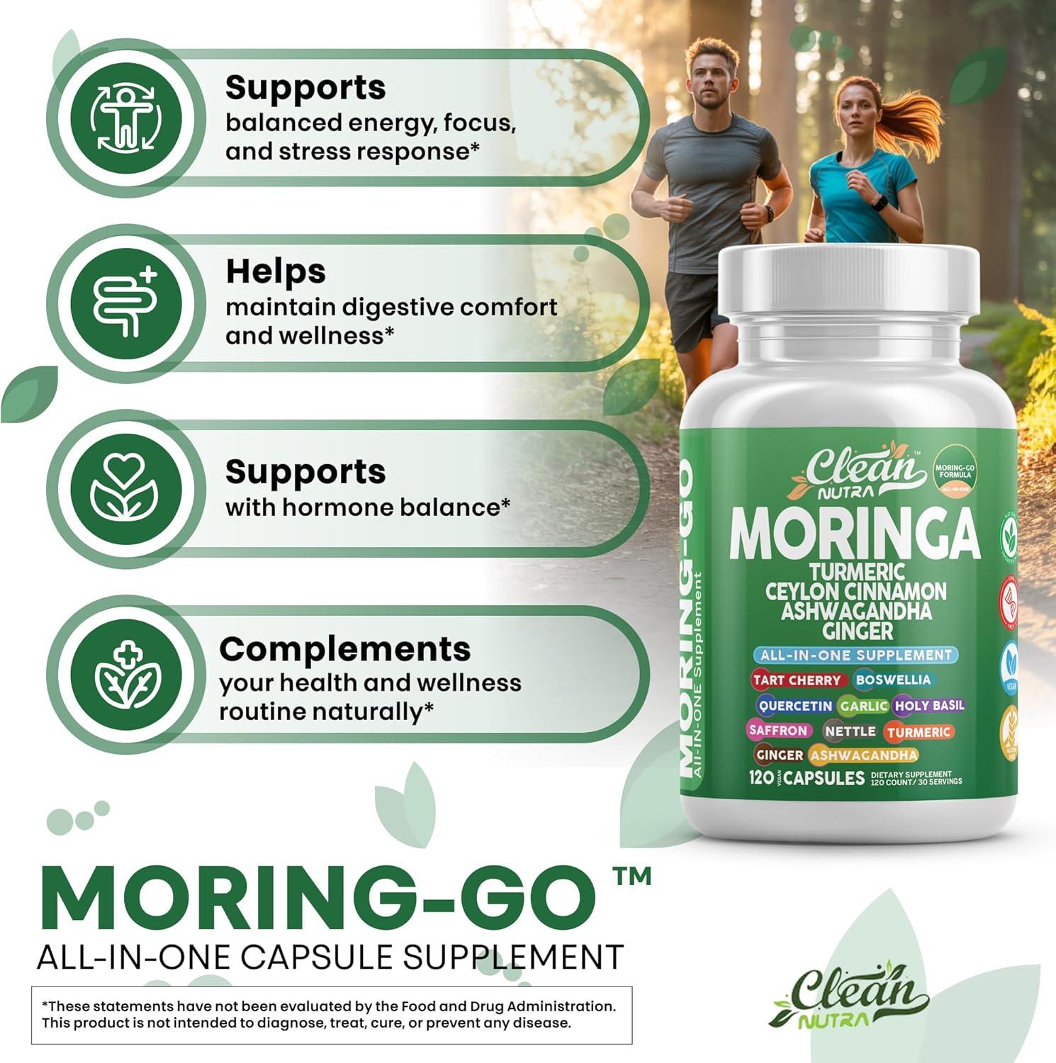 image:imageMoringa Powder Capsules Turmeric Moringa Leaf Ceylon Cinnamon Ashwagandha Ginger Tart Cherry Boswellia Quercetin Garlic Holy Basil Saffron Nettle Black Pepper MoringGo Supplement By Clean Nutra 2