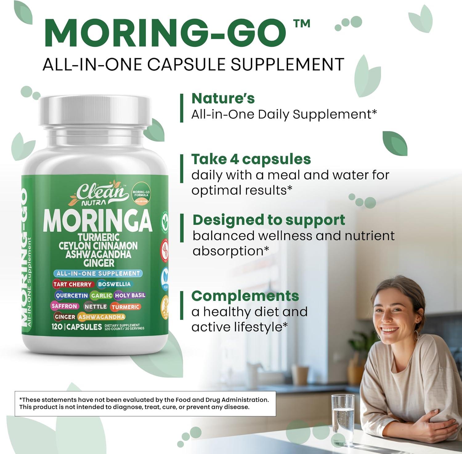 image:imageMoringa Powder Capsules Turmeric Moringa Leaf Ceylon Cinnamon Ashwagandha Ginger Tart Cherry Boswellia Quercetin Garlic Holy Basil Saffron Nettle Black Pepper MoringGo Supplement By Clean Nutra 2