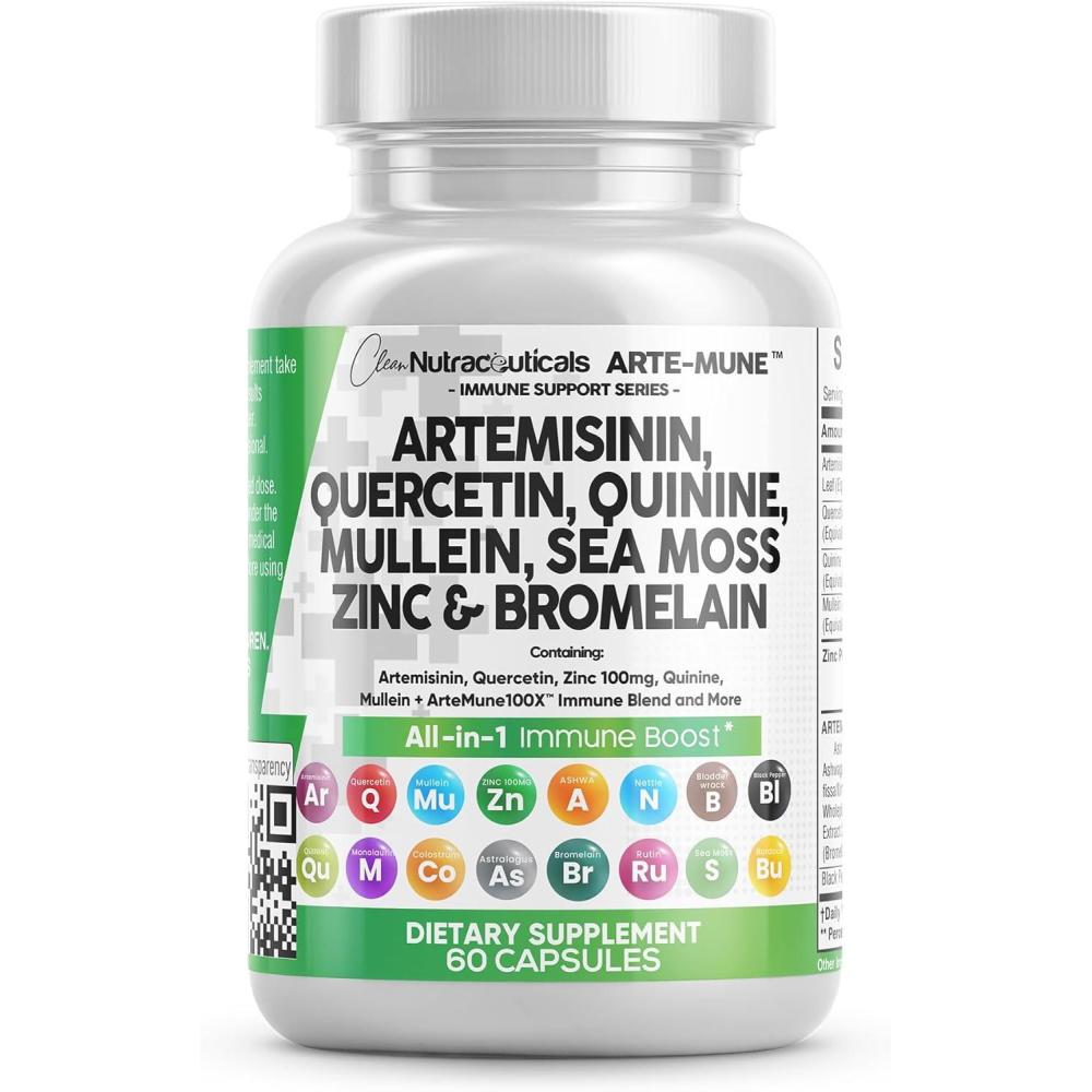 image:imageClean Nutraceuticals Artemisinin Quercetin Zinc Mullein Quinine Supplement with Sea Moss Bromelain Ashwagandha Root Nettle Leaf Bladderwrack Burdock Root Monolaurin Colostrum Rutin