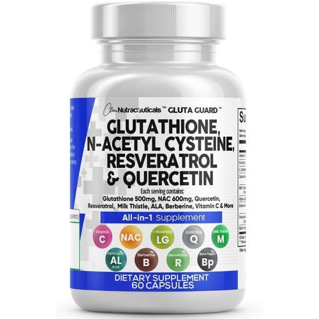 image:imageClean Nutraceuticals Glutathione 500mg Supplement with Vitamin C N Acetyl Cysteine 600mg Berberine 1000mg Resveratrol Quercetin Alpha Lipoic Acid Reduced L Glutathion Free Form Women 60 Ct USA Made