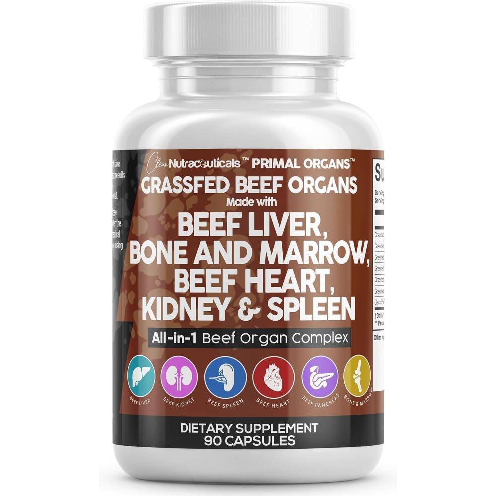 image:imageClean Nutraceuticals Grass Fed Beef Liver Capsules Premium Quality Supplement Packed with Desiccated Beef Heart Spleen Pancreas Plus Bone amp Marrow Dao Enzyme Pills90 Count Pack of 1