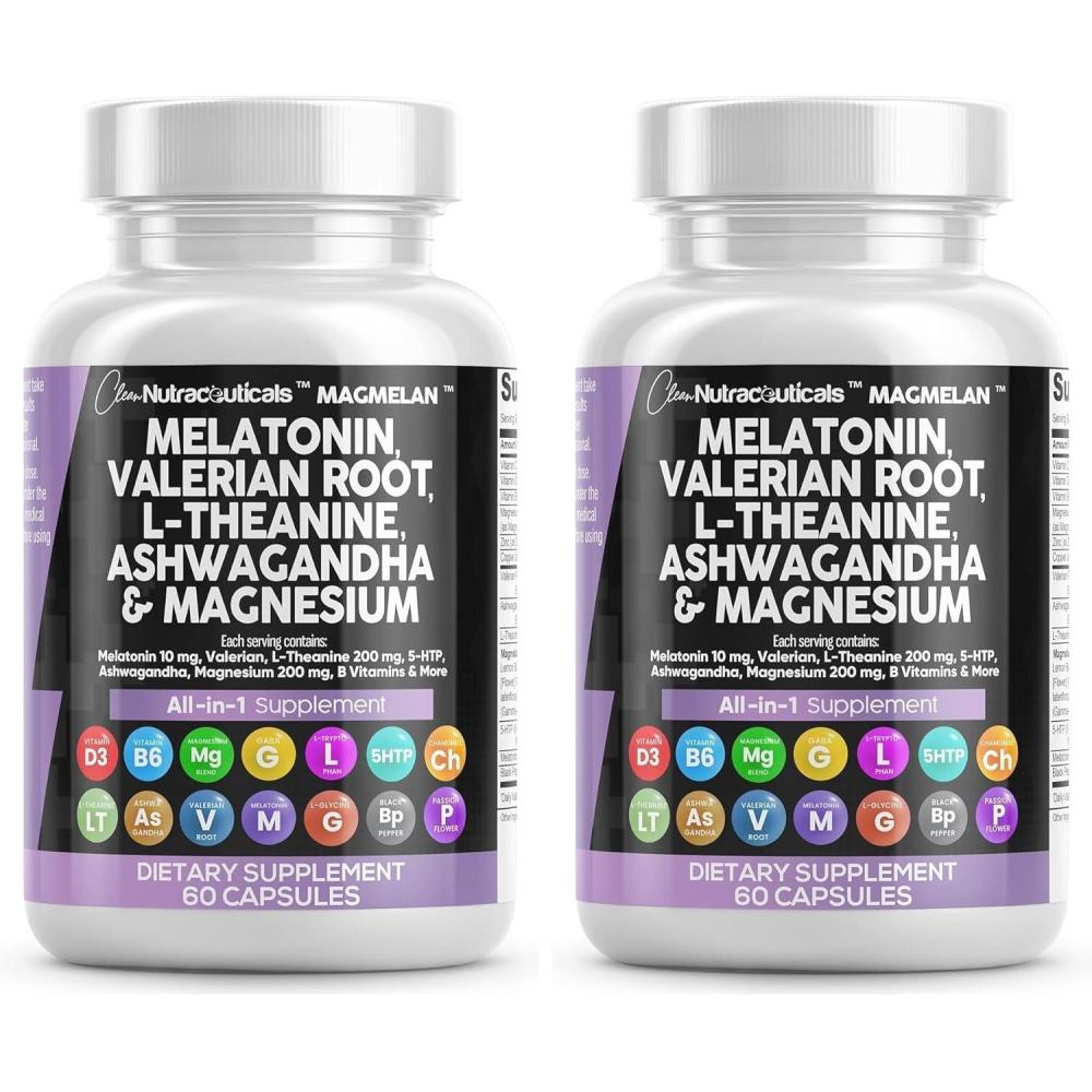 image:imageClean Nutraceuticals Melatonin 10mg Valerian Root L Theanine 200mg Ashwagandha Sleep Support for Women amp Men with Magnesium Complex Lemon Balm Chamomile amp Passion Flower 60 Caps60 Count Pack of 2