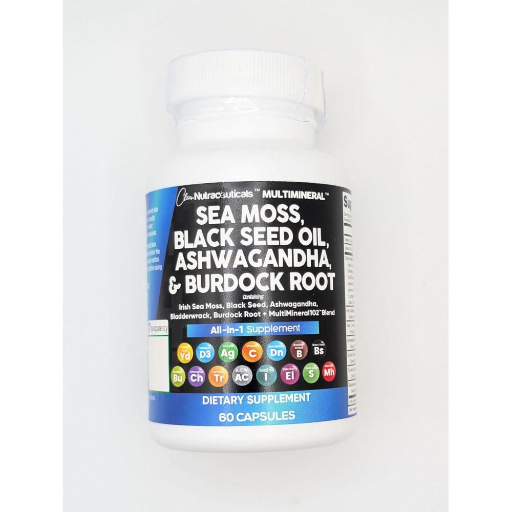 image:imageClean Nutraceuticals Sea Moss Black Seed Oil Ashwagandha Turmeric Bladderwrack Burdock amp Vitamin C Vitamin D3 with Elderberry Manuka Dandelion Yellow Dock Iodine Chlorophyll ACV