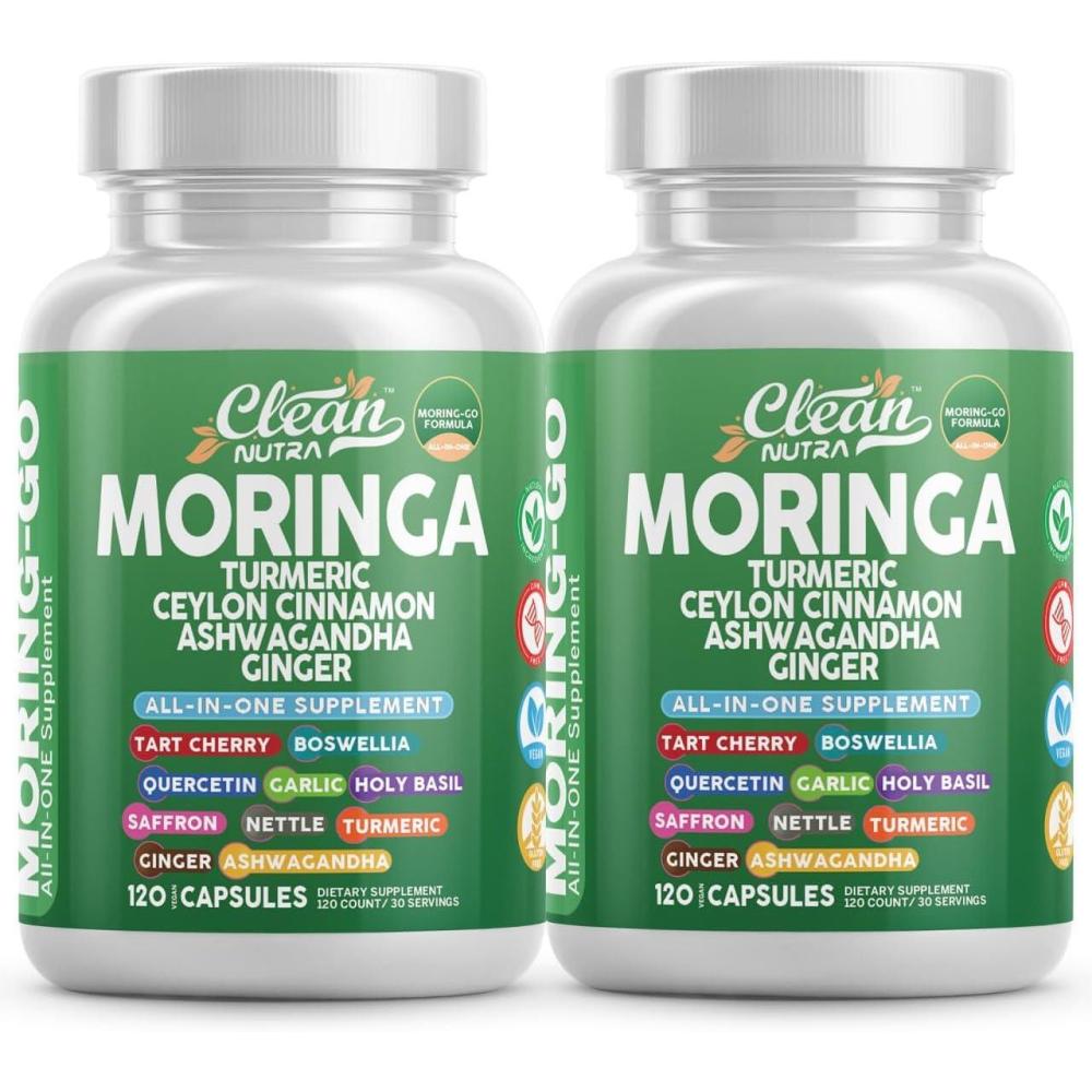 image:imageMoringa Powder Capsules Turmeric Moringa Leaf Ceylon Cinnamon Ashwagandha Ginger Tart Cherry Boswellia Quercetin Garlic Holy Basil Saffron Nettle Black Pepper MoringGo Supplement By Clean Nutra 2