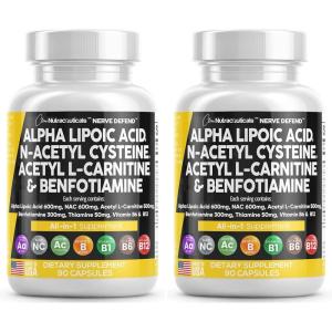 Alpha Lipoic Acid 600mg N-Acetyl Cysteine 600mg Acetyl L-Carnitine 500mg Benfotiamine 300mg – Nerve Support Supplement for Women and Men with Vitamin B1 B6 & B12 – Made in USA 90 Caps(90 Count (Pack of 2))
