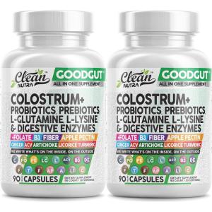 Colostrum Supplement Capsules Probiotics Pills Prebiotics, L-Glutamine, Digestive Enzymes, Folate, Fiber, ACV, Turmeric, Apple Pectin and Turmeric Clean Nutra GutFlow – 2 Pack