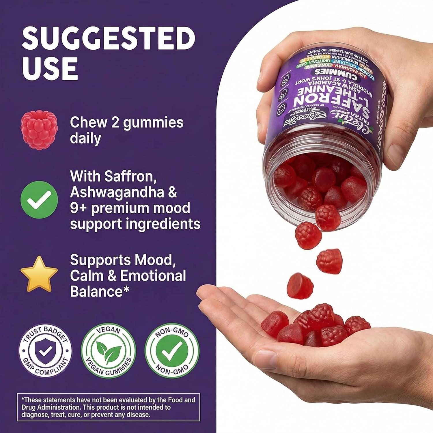 image:imageAuraZen Mood Support Saffron Gummies LTheanine Ashwagandha Rhodiola St Johns Wort Lions Mane GABA Vitamin D Magnesium Supplement Calm Vegan PlantBased Herbal Gummy By Clean Nutra