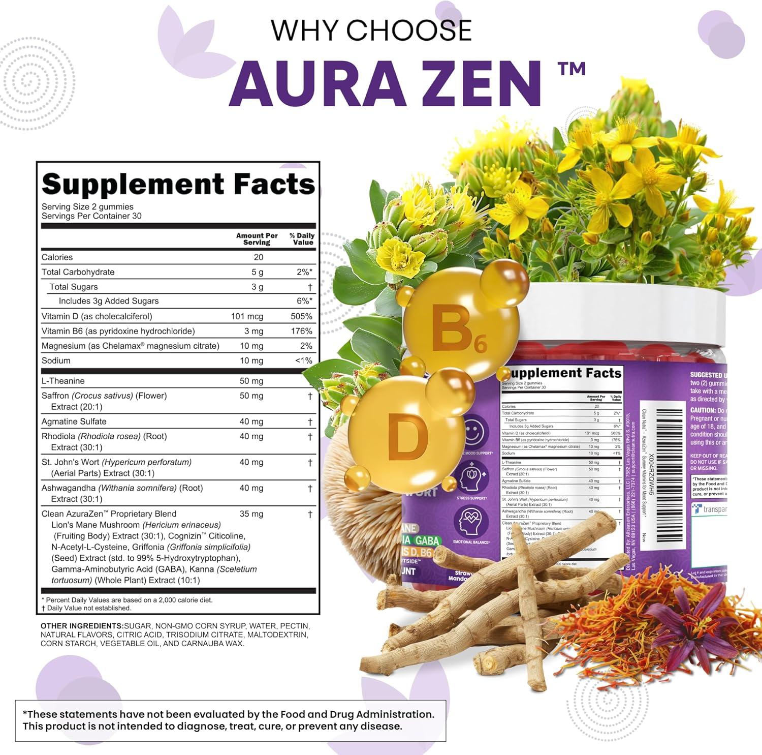 image:imageAuraZen Mood Support Saffron Gummies LTheanine Ashwagandha Rhodiola St Johns Wort Lions Mane GABA Vitamin D Magnesium Supplement Calm Vegan PlantBased Herbal Gummy By Clean Nutra