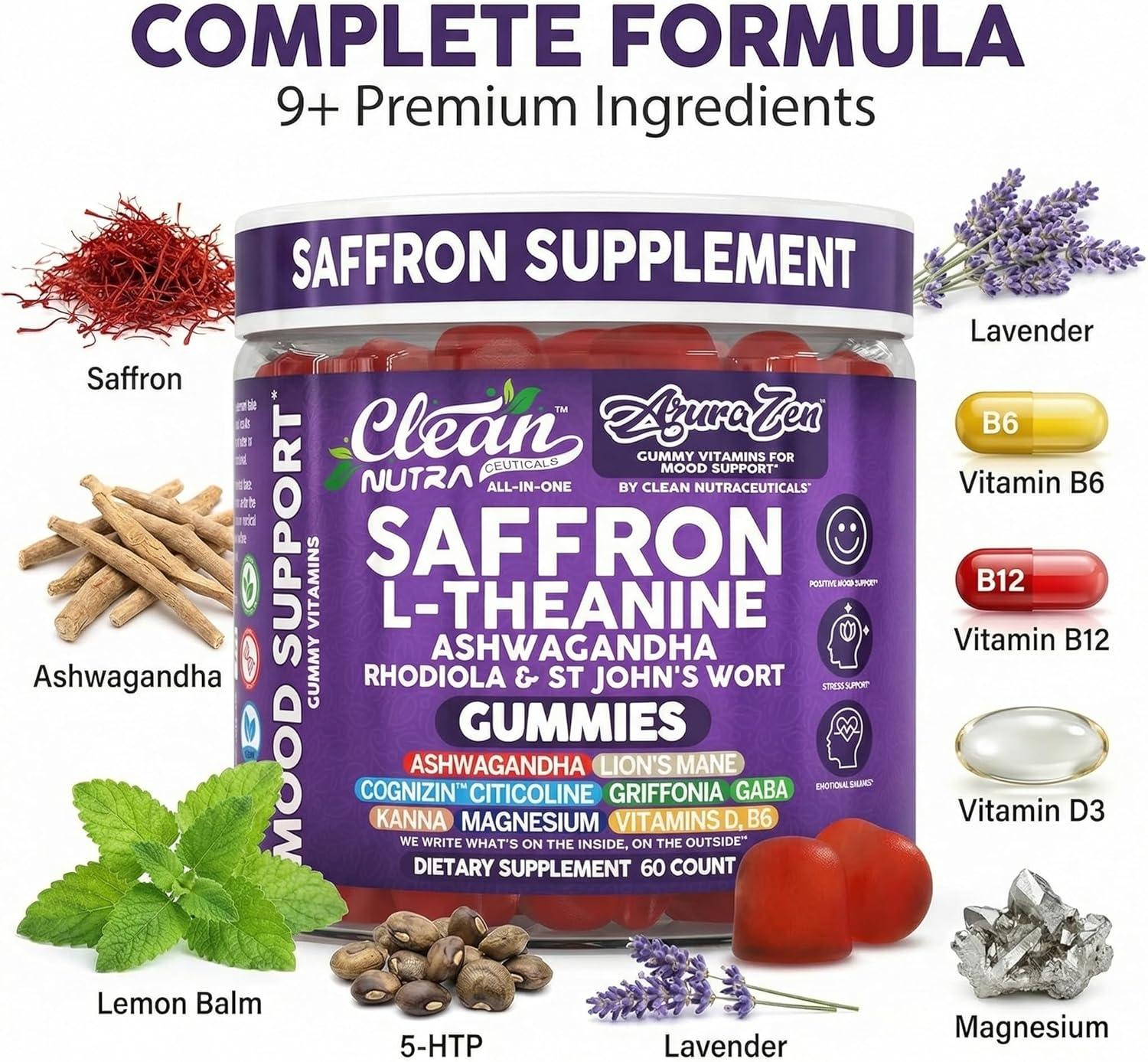 image:imageAuraZen Mood Support Saffron Gummies LTheanine Ashwagandha Rhodiola St Johns Wort Lions Mane GABA Vitamin D Magnesium Supplement Calm Vegan PlantBased Herbal Gummy By Clean Nutra