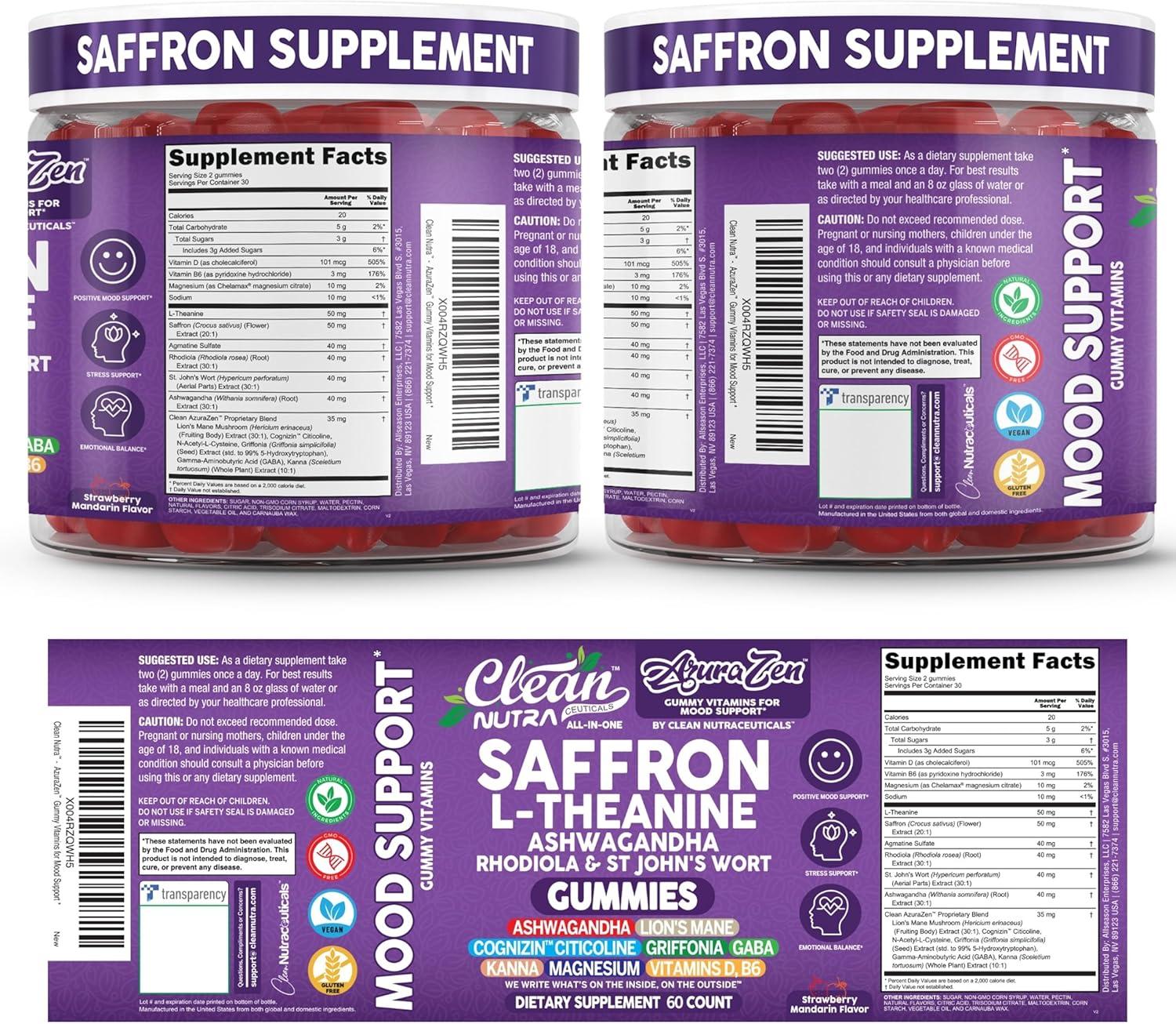image:imageAuraZen Mood Support Saffron Gummies LTheanine Ashwagandha Rhodiola St Johns Wort Lions Mane GABA Vitamin D Magnesium Supplement Calm Vegan PlantBased Herbal Gummy By Clean Nutra