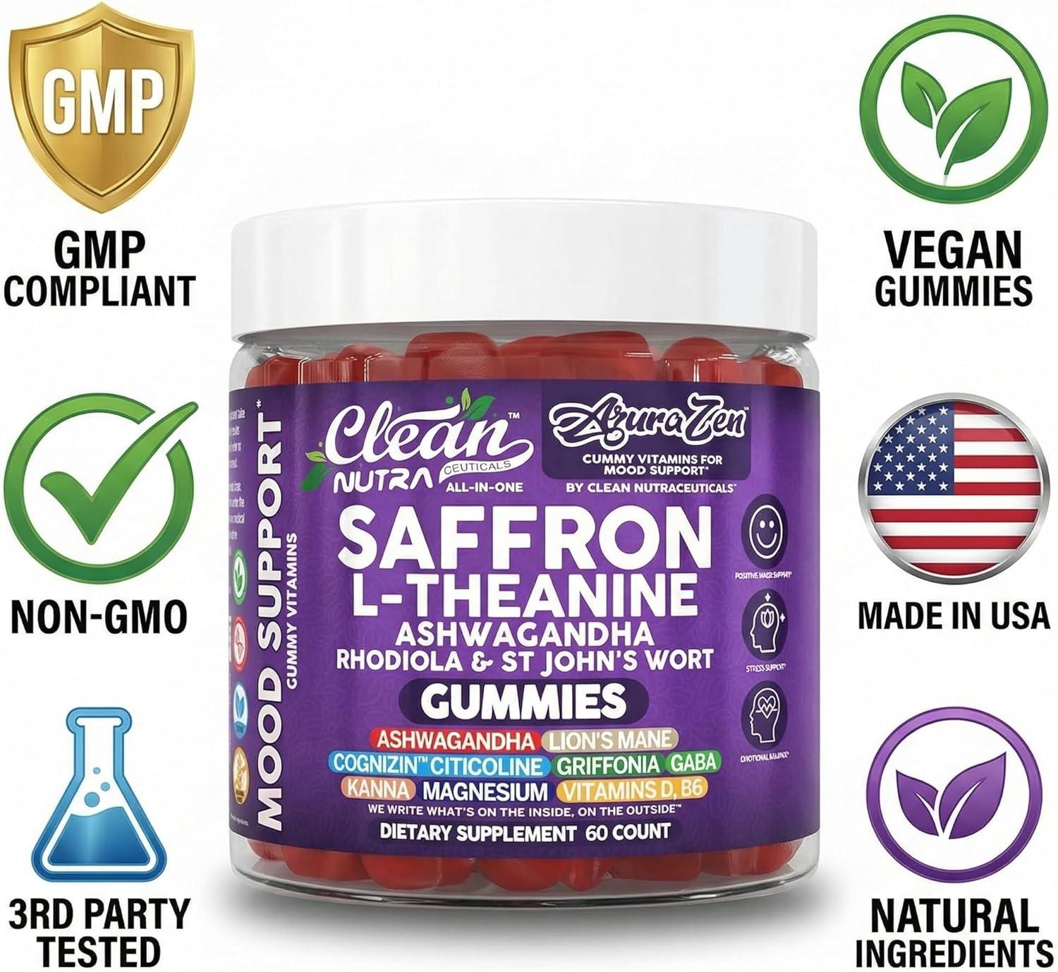 image:imageAuraZen Mood Support Saffron Gummies LTheanine Ashwagandha Rhodiola St Johns Wort Lions Mane GABA Vitamin D Magnesium Supplement Calm Vegan PlantBased Herbal Gummy By Clean Nutra