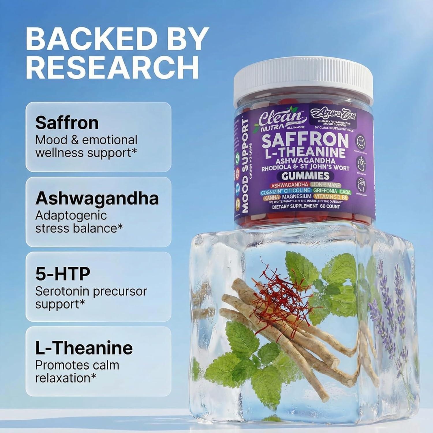 image:imageAuraZen Mood Support Saffron Gummies LTheanine Ashwagandha Rhodiola St Johns Wort Lions Mane GABA Vitamin D Magnesium Supplement Calm Vegan PlantBased Herbal Gummy By Clean Nutra
