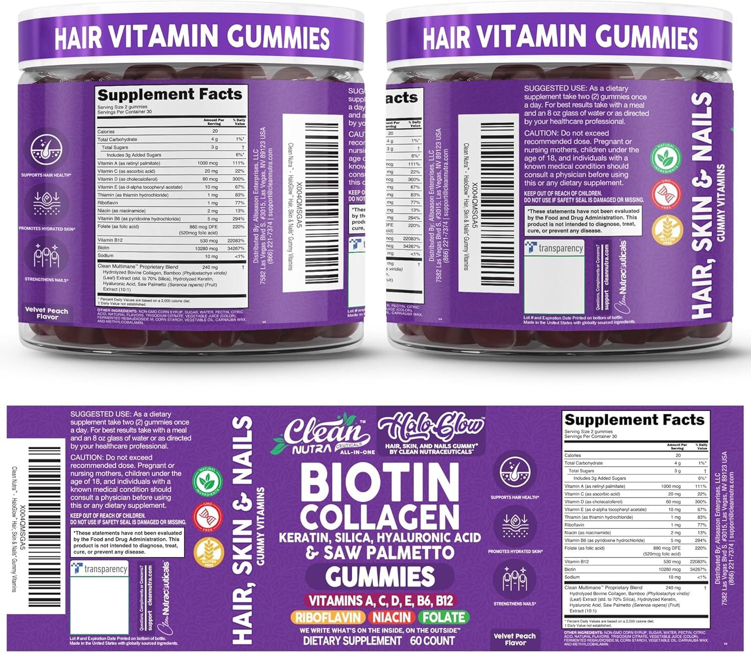 image:imageClean Nutra Biotin Gummies Collagen Hyaluronic Acid Keratin Hair Vitamins Supplement Hair Growth Support Skin amp Nails Vitamins C D E B6 amp B12 US Made for Women amp Men 60 Gummy Count