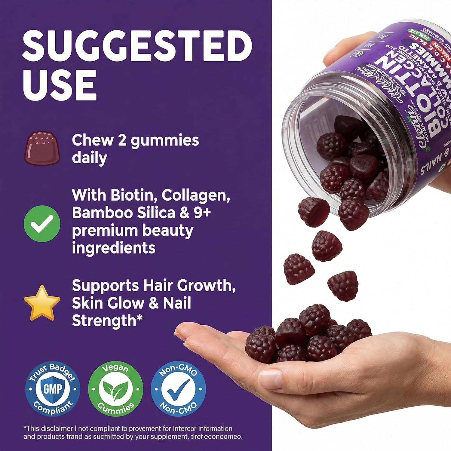 image:imageClean Nutra Biotin Gummies Collagen Hyaluronic Acid Keratin Hair Vitamins Supplement Hair Growth Support Skin amp Nails Vitamins C D E B6 amp B12 US Made for Women amp Men 60 Gummy Count