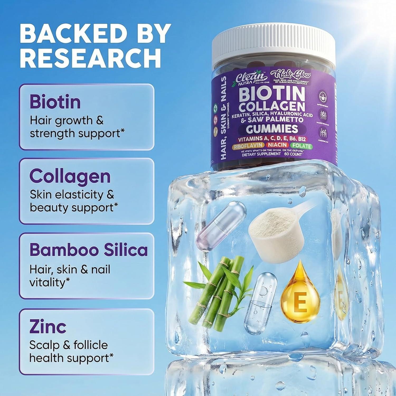 image:imageClean Nutra Biotin Gummies Collagen Hyaluronic Acid Keratin Hair Vitamins Supplement Hair Growth Support Skin amp Nails Vitamins C D E B6 amp B12 US Made for Women amp Men 60 Gummy Count