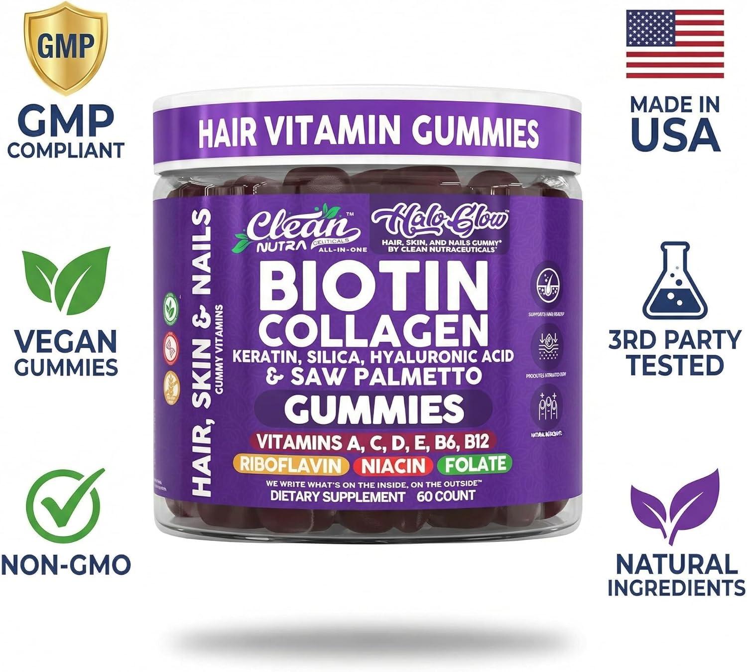 image:imageClean Nutra Biotin Gummies Collagen Hyaluronic Acid Keratin Hair Vitamins Supplement Hair Growth Support Skin amp Nails Vitamins C D E B6 amp B12 US Made for Women amp Men 60 Gummy Count