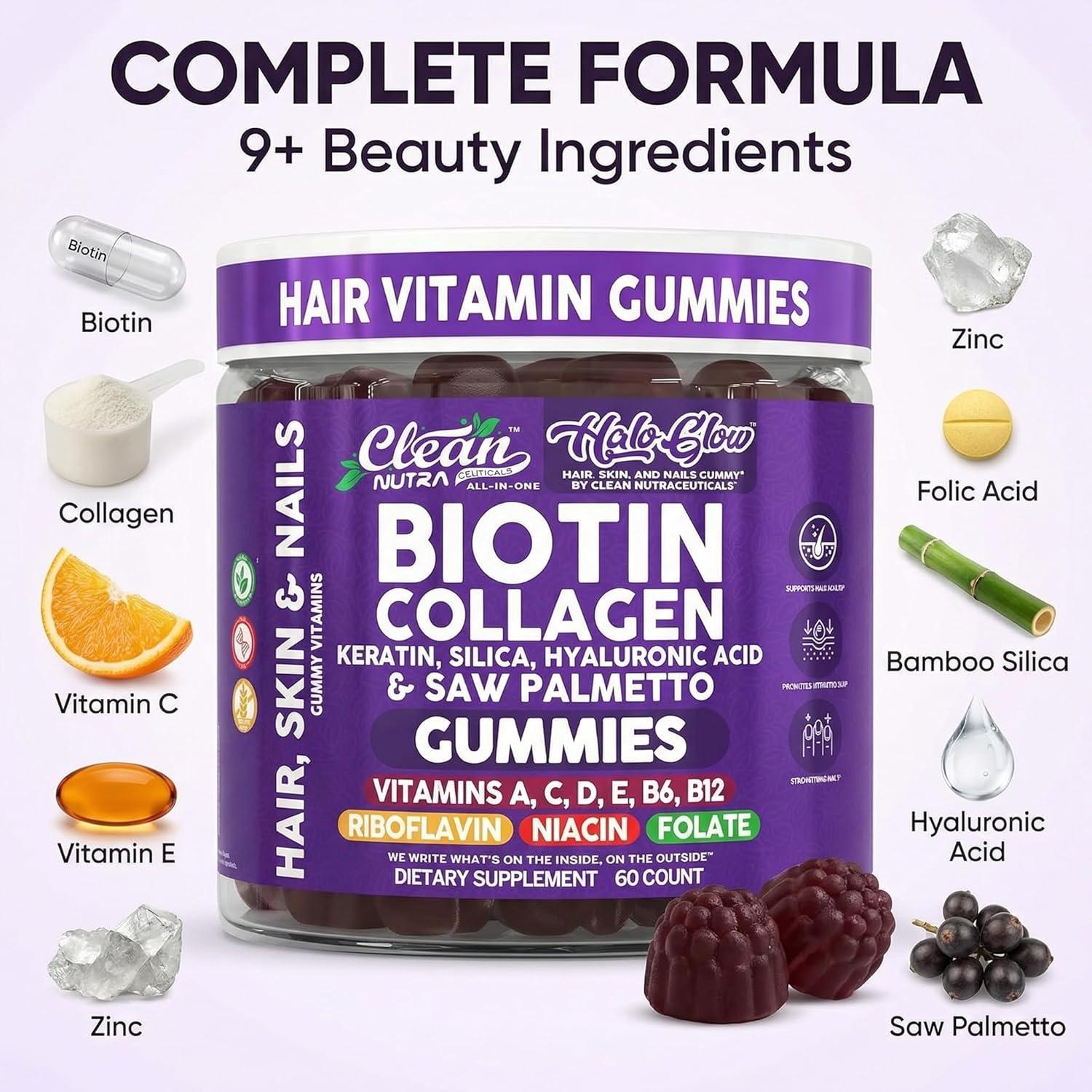 image:imageClean Nutra Biotin Gummies Collagen Hyaluronic Acid Keratin Hair Vitamins Supplement Hair Growth Support Skin amp Nails Vitamins C D E B6 amp B12 US Made for Women amp Men 60 Gummy Count